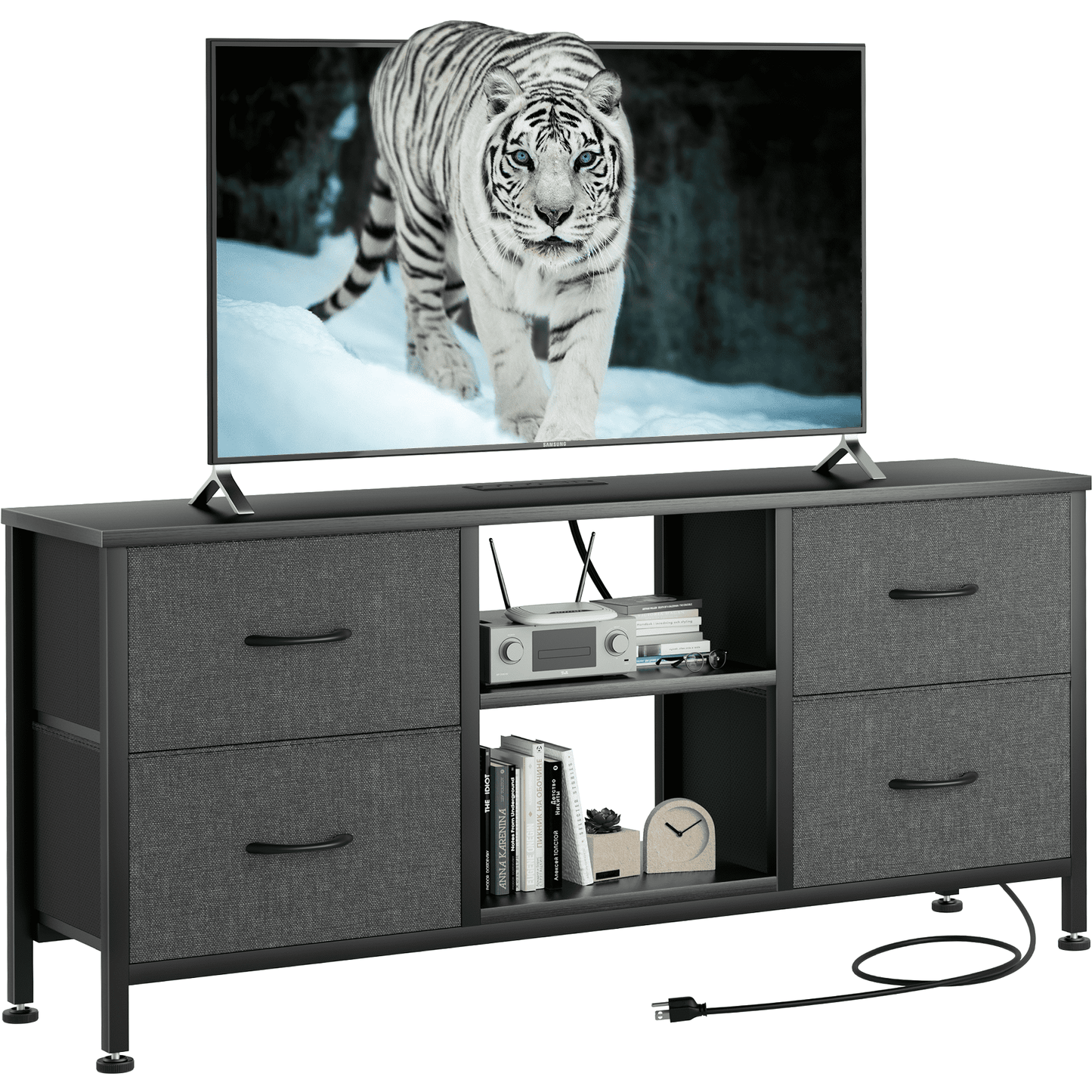 TV Stand for Bedroom, Television Stand for TV up to 50 Inch Entertainment Center Dresser with 4 Drawers Open Storage Shelves for Living Room, Entryway, Grey