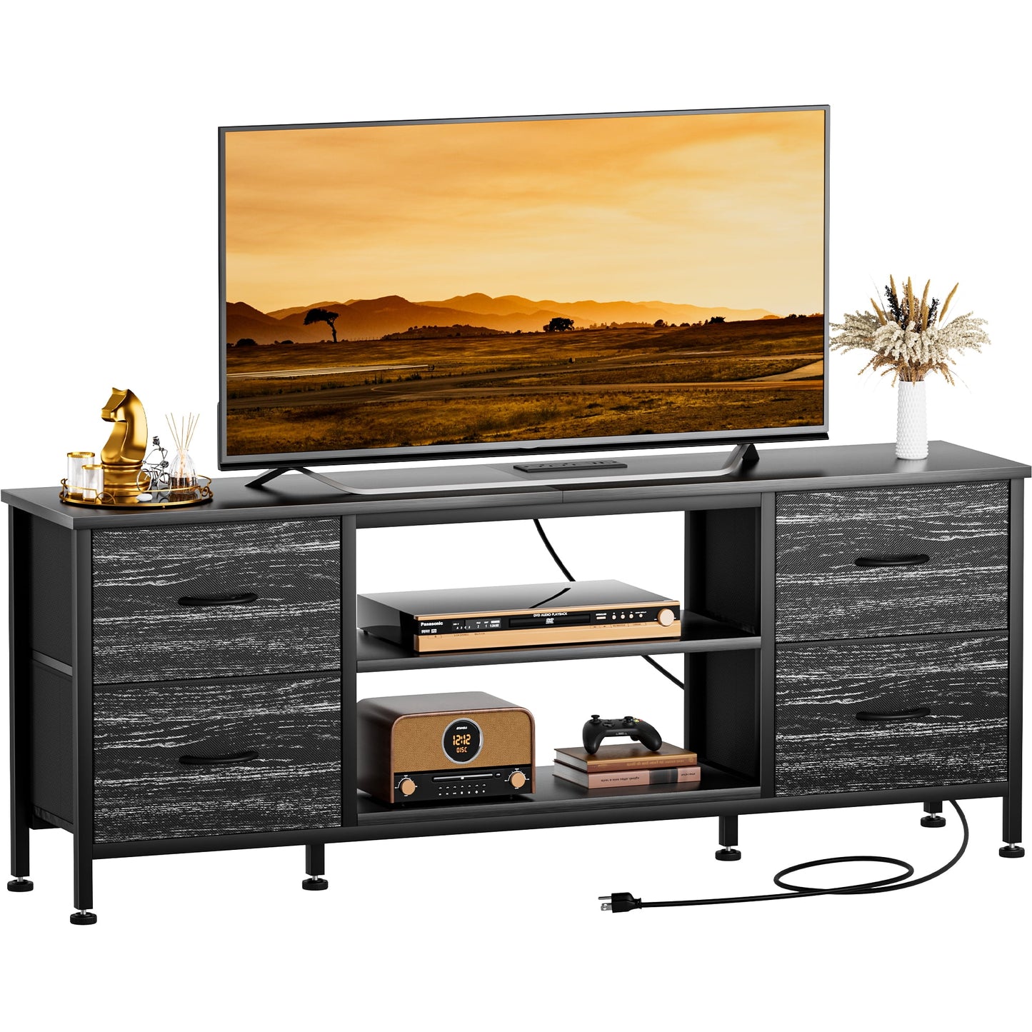 TV Stand for Bedroom, Television Stand for TV up to 60 Inch Entertainment Center Dresser with 4 Drawers Open Storage Shelves for Living Room, Entryway, Black