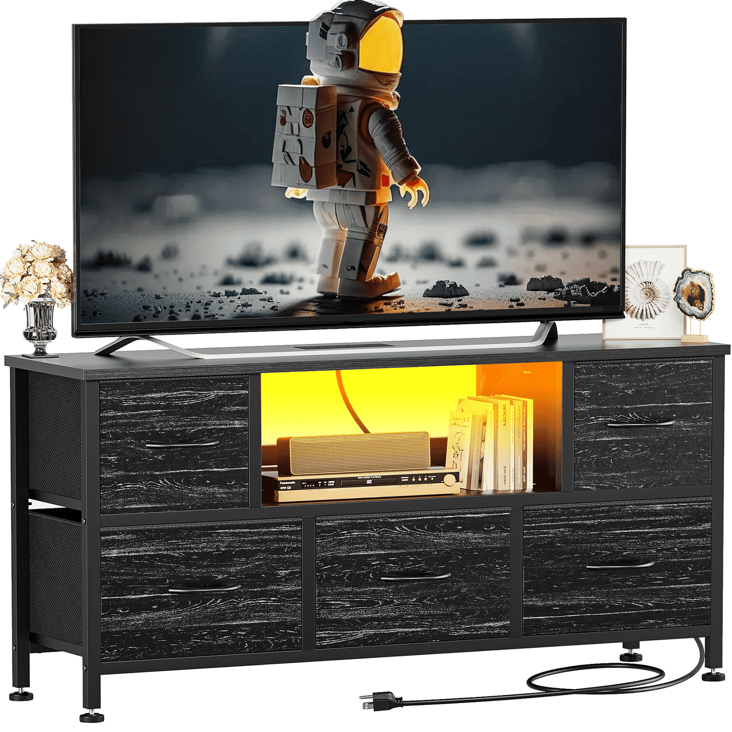 TV Stand Dresser with Power Outlets and LED Lights, 5 Drawer Console for 50 Inch TV, Dresser for Bedroom, Closet, Hallway