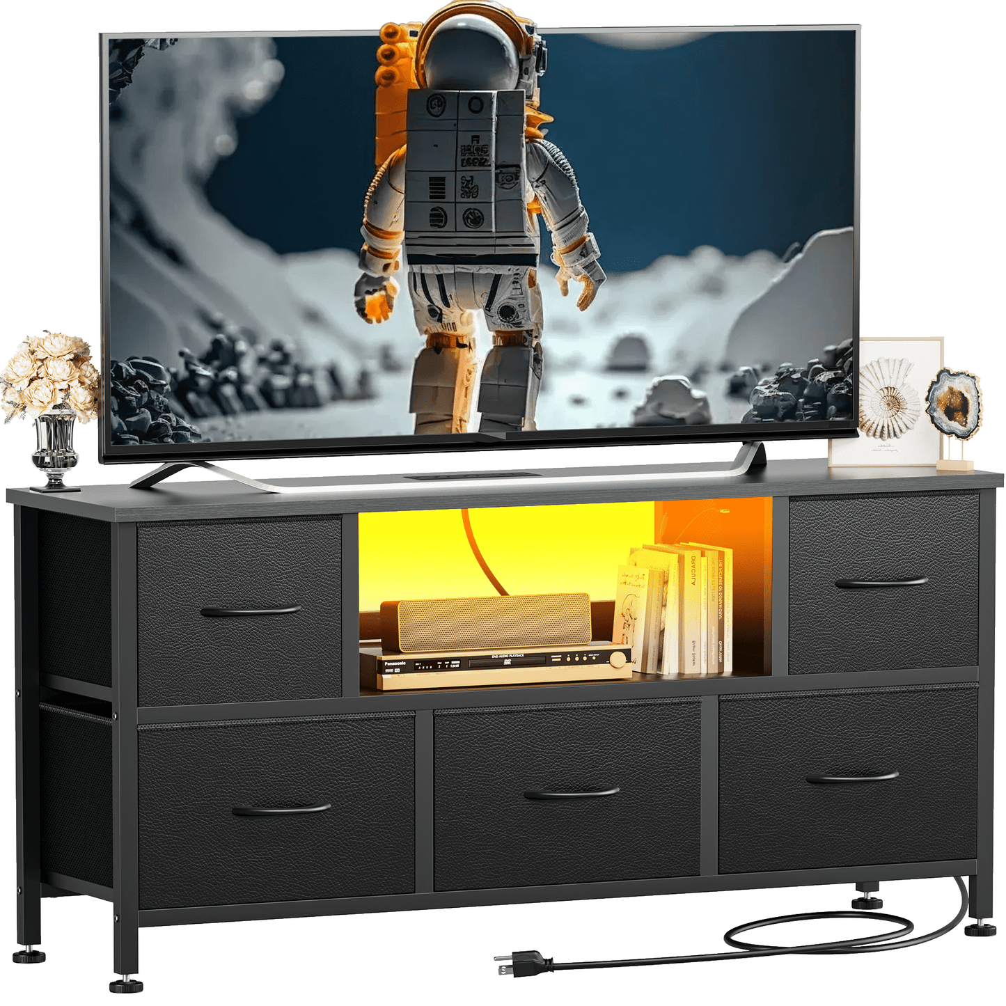 TV Stand Dresser with Power Outlets and LED Lights, 5 Drawer Console for 50 Inch TV, Dresser for Bedroom, Closet, Hallway