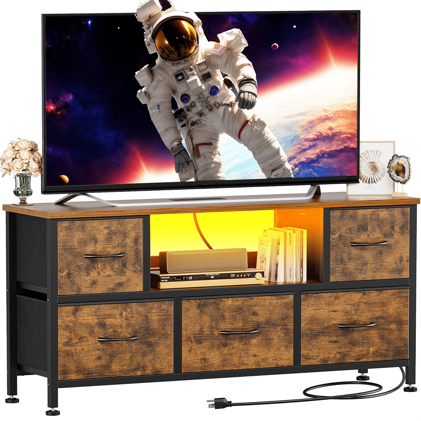 TV Stand Dresser with Power Outlets and LED Lights, 5 Drawer Console for 50 Inch TV, Dresser for Bedroom, Closet, Hallway