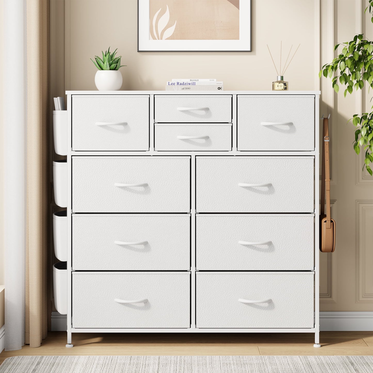White Dresser for Bedroom,10 Drawer Dresser Wide Chest Of Drawers, Fabric Storage Dresser With Wood Top for Living Room, Bedroom, Hallway, White