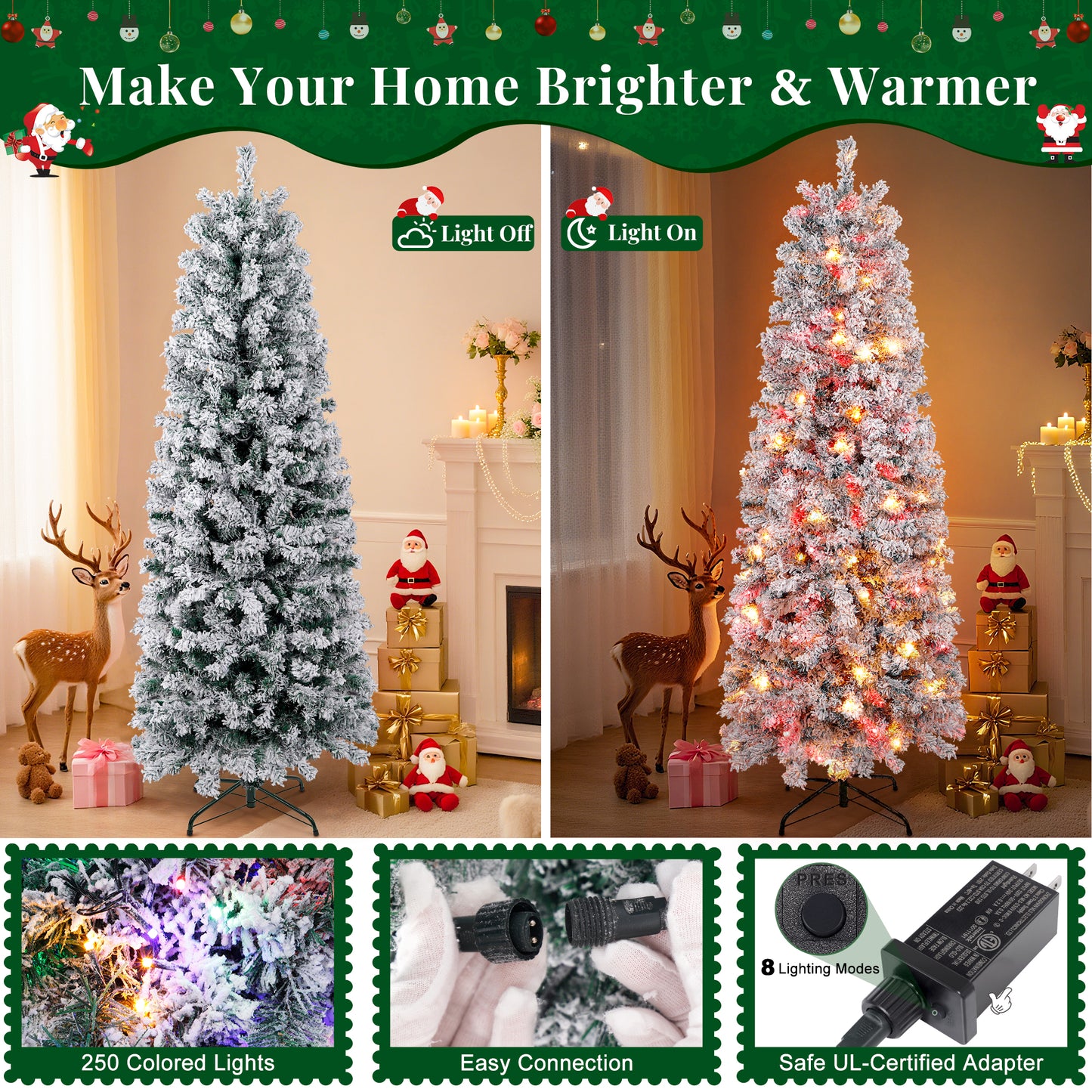 Laintene 6FT Pre-Lit Flocked Pencil Christmas Tree with 600 Tips & 200 Colored Lights, Slim Artificial Xmas Tree for Small Spaces, Metal Stand, White