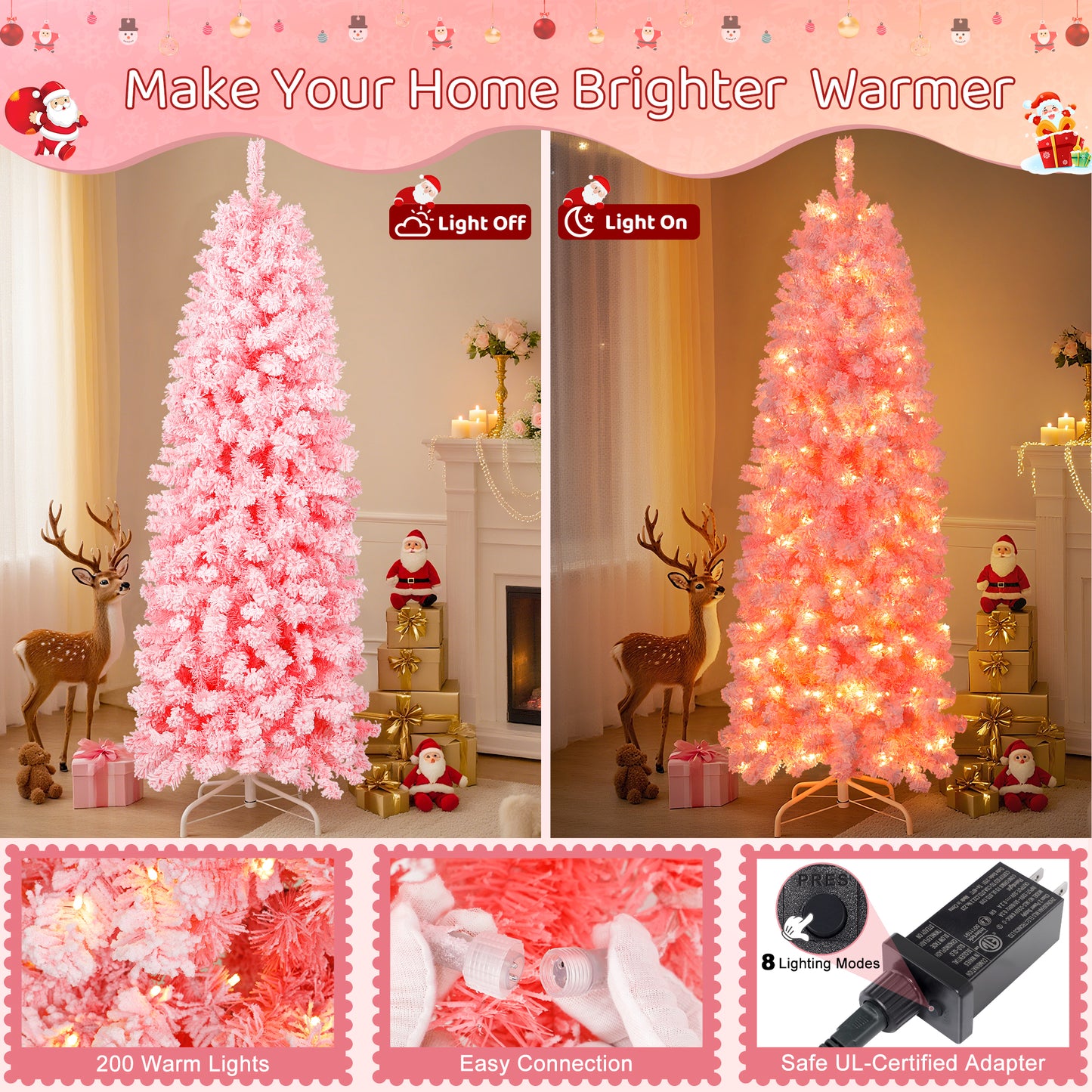 Laintene 6FT Pre-Lit Flocked Pencil Christmas Tree with 600 Tips & 200 Warm White LED Lights, Slim Artificial Xmas Tree for Small Spaces, Metal Stand, Pink