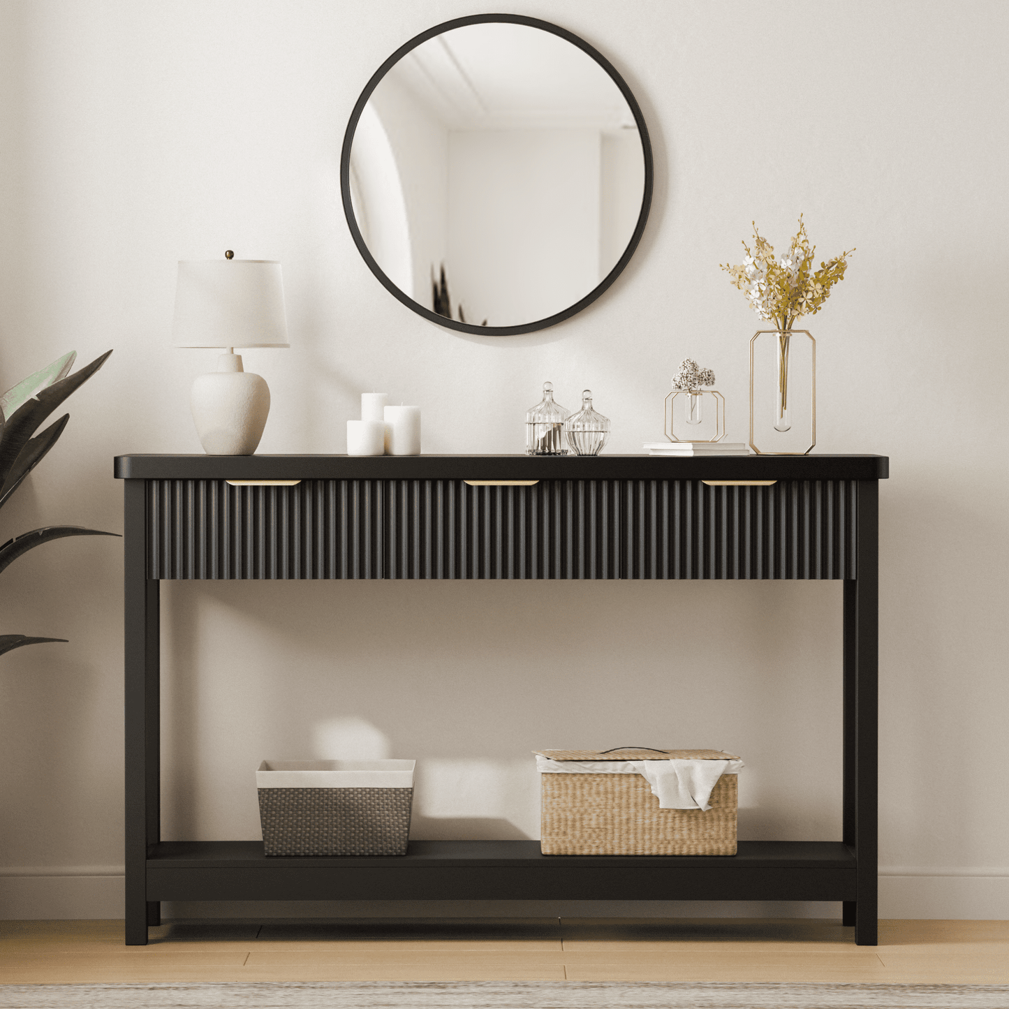 Laintene Fluted Console Table, 51" Narrow Entryway Table with 3 Drawers, Console Table Sofa Table with Storage Open Shelf, Modern Display Shelf for Hallway Living Room, Black