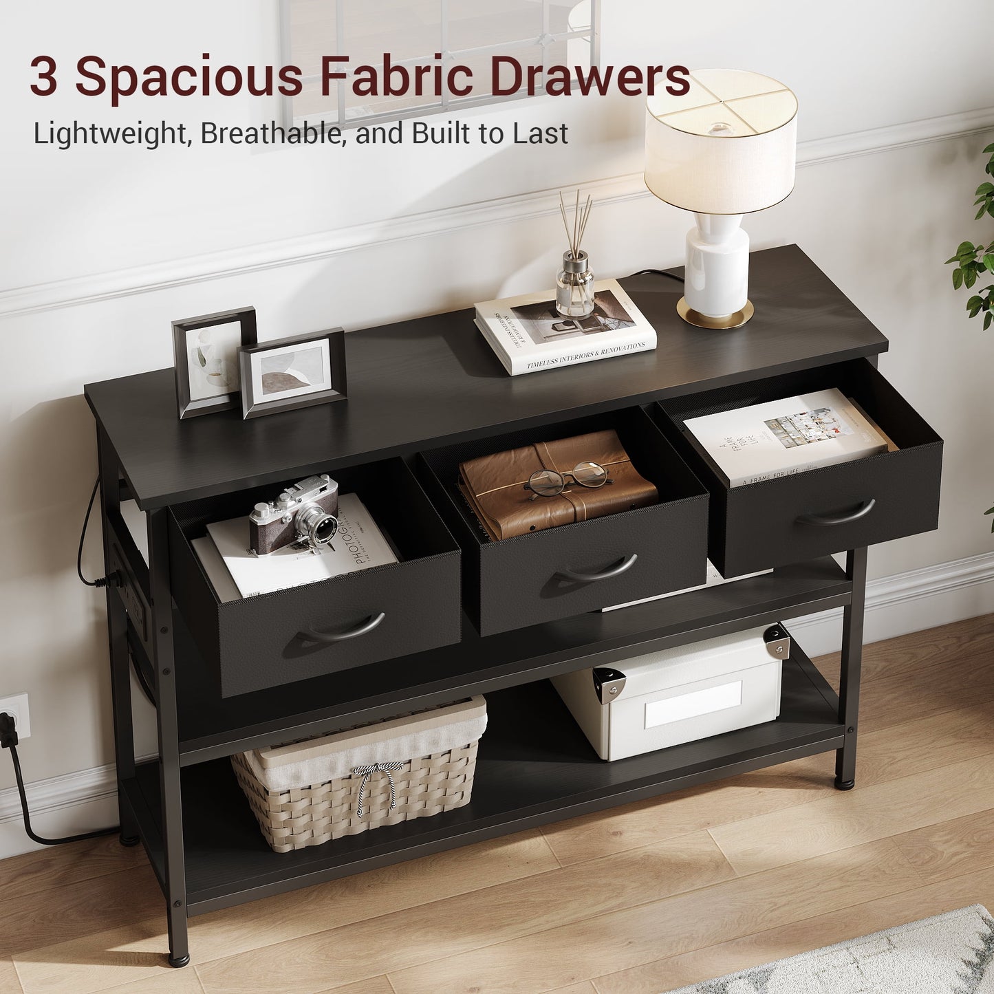 Valu4me 43.3" Console Table with Power Outlets & USB Ports, Narrow Sofa Table with 3 Fabric Drawers for Hallway, Foyer, Living Room, Black