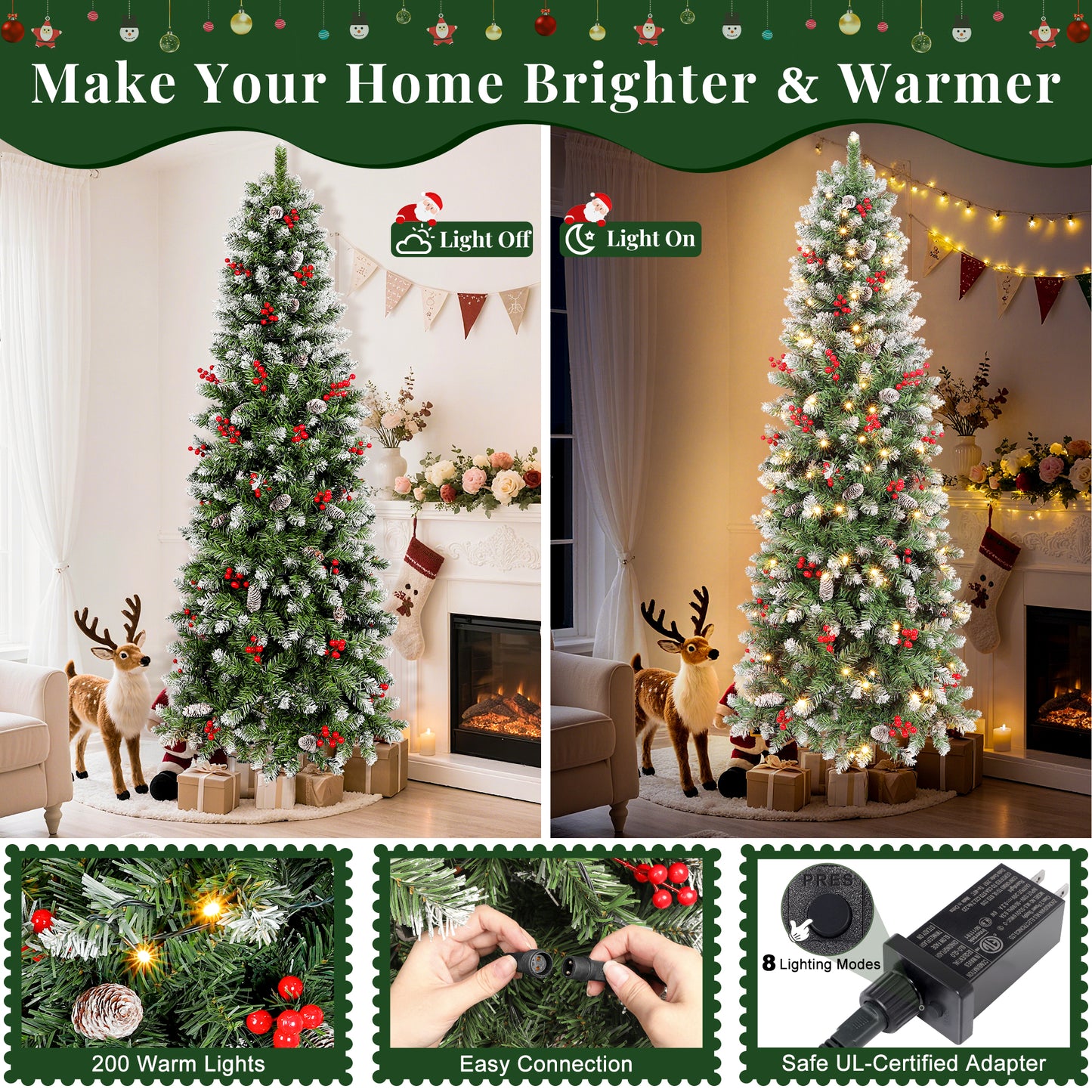 Laintene 6FT Pre-Lit Slim Pencil Christmas Tree | 200 Warm White LED Lights, 600 Tips, 40 Pine Cones & 280 Red Berries, Hinged Design for Small Spaces