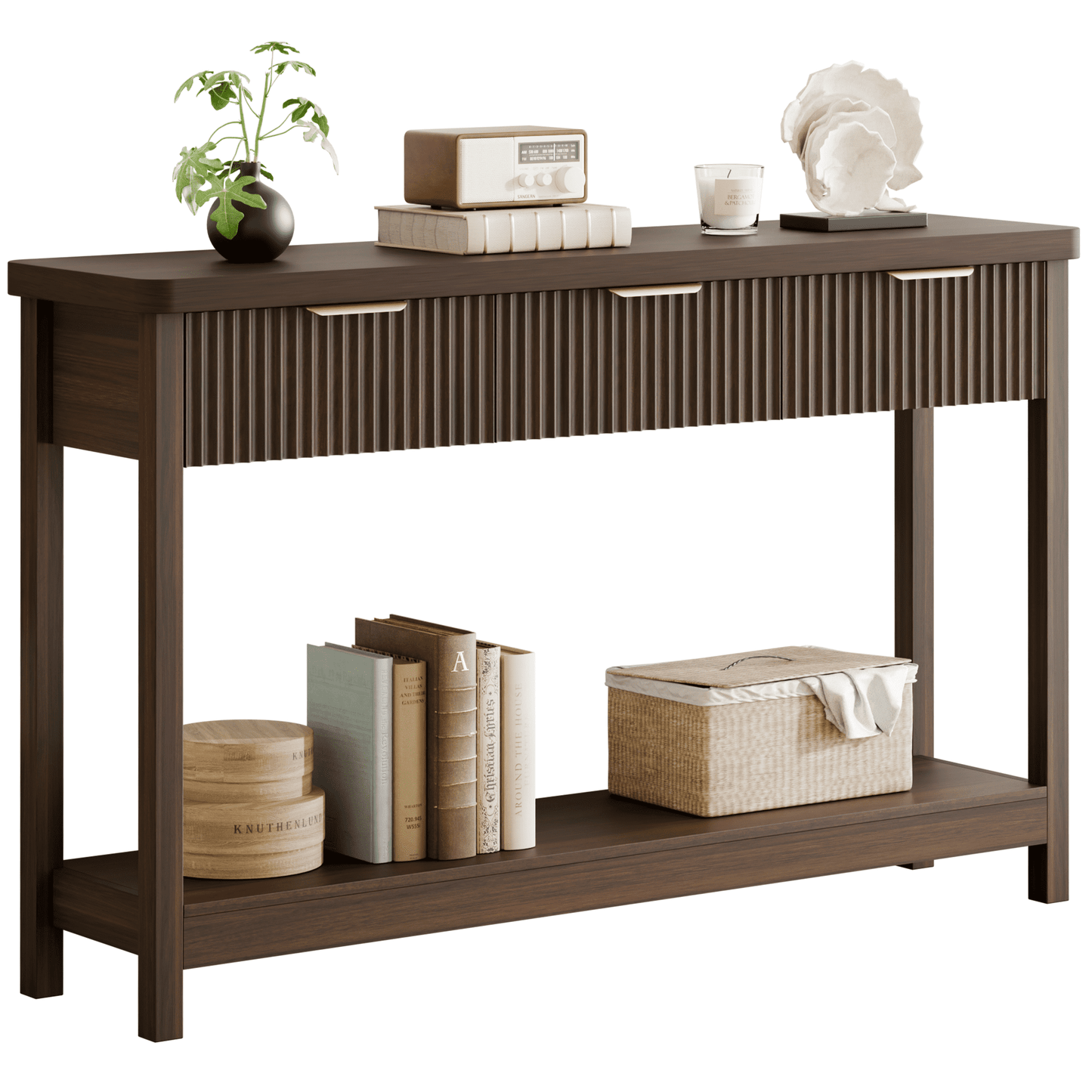Laintene Fluted Console Table, 51" Narrow Entryway Table with 3 Drawers, Console Table Sofa Table with Storage Open Shelf, Modern Display Shelf for Hallway Living Room, Walnut
