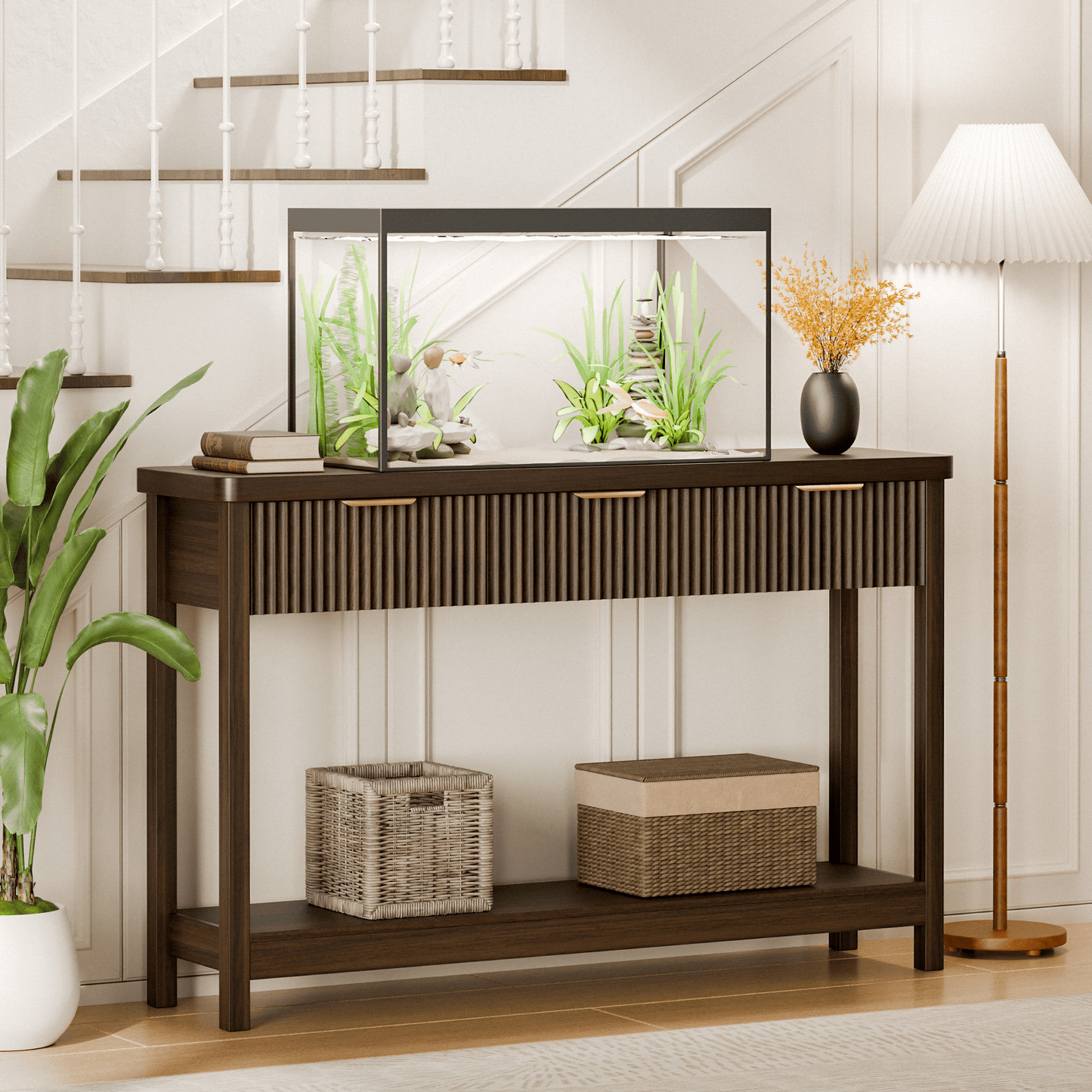 Laintene Fluted Console Table, 51" Narrow Entryway Table with 3 Drawers, Console Table Sofa Table with Storage Open Shelf, Modern Display Shelf for Hallway Living Room, Walnut