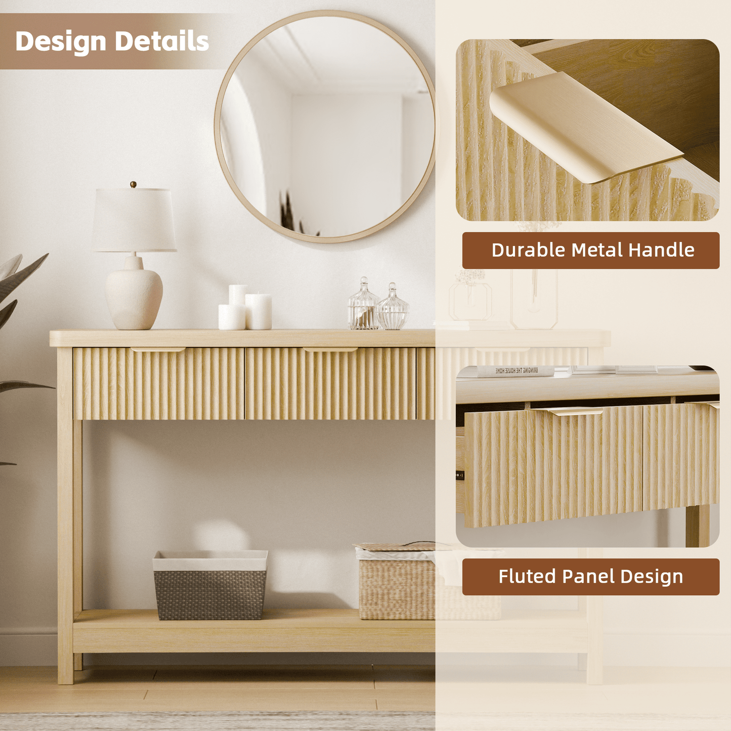 Laintene Fluted Console Table, 51" Narrow Entryway Table with 3 Drawers, Console Table Sofa Table with Storage Open Shelf, Modern Display Shelf for Hallway Living Room, Natural Oak