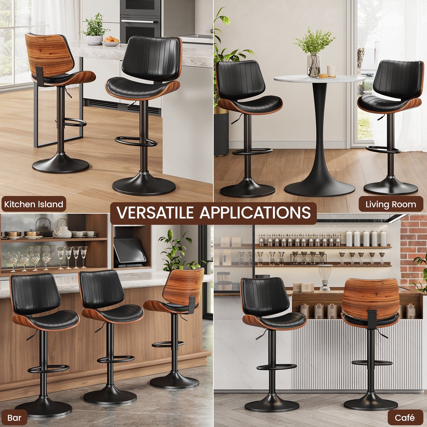 LainTene Set of 2 Swivel Bar Stools with Bentwood Back, Adjustable PU Leather Bar Chairs for Kitchen Island, Counter or Dining Room, Black