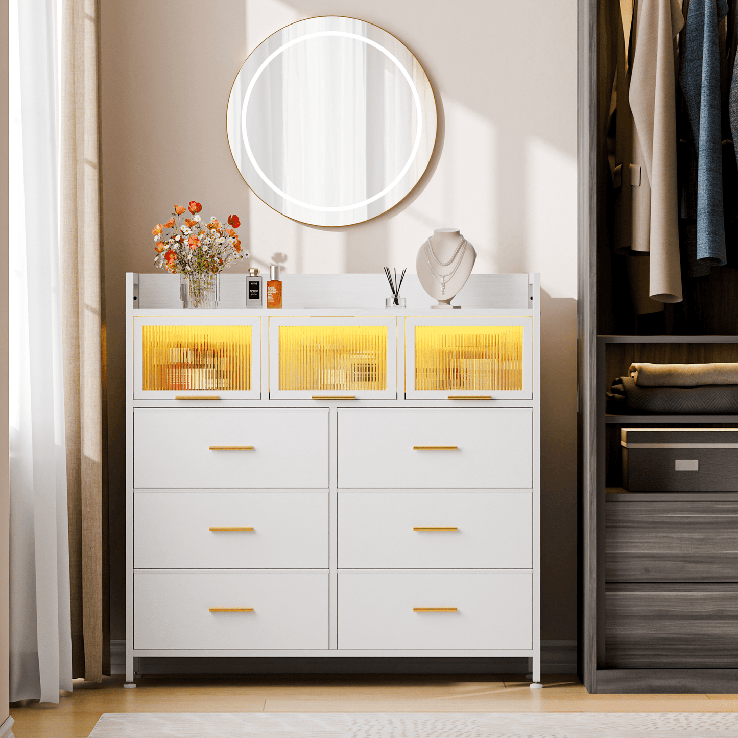 6 Drawer Dresser with Acrylic Clear Drawer Covers, LED Lights and Charging Station, Modern Chest for Bedroom and Living Room, White