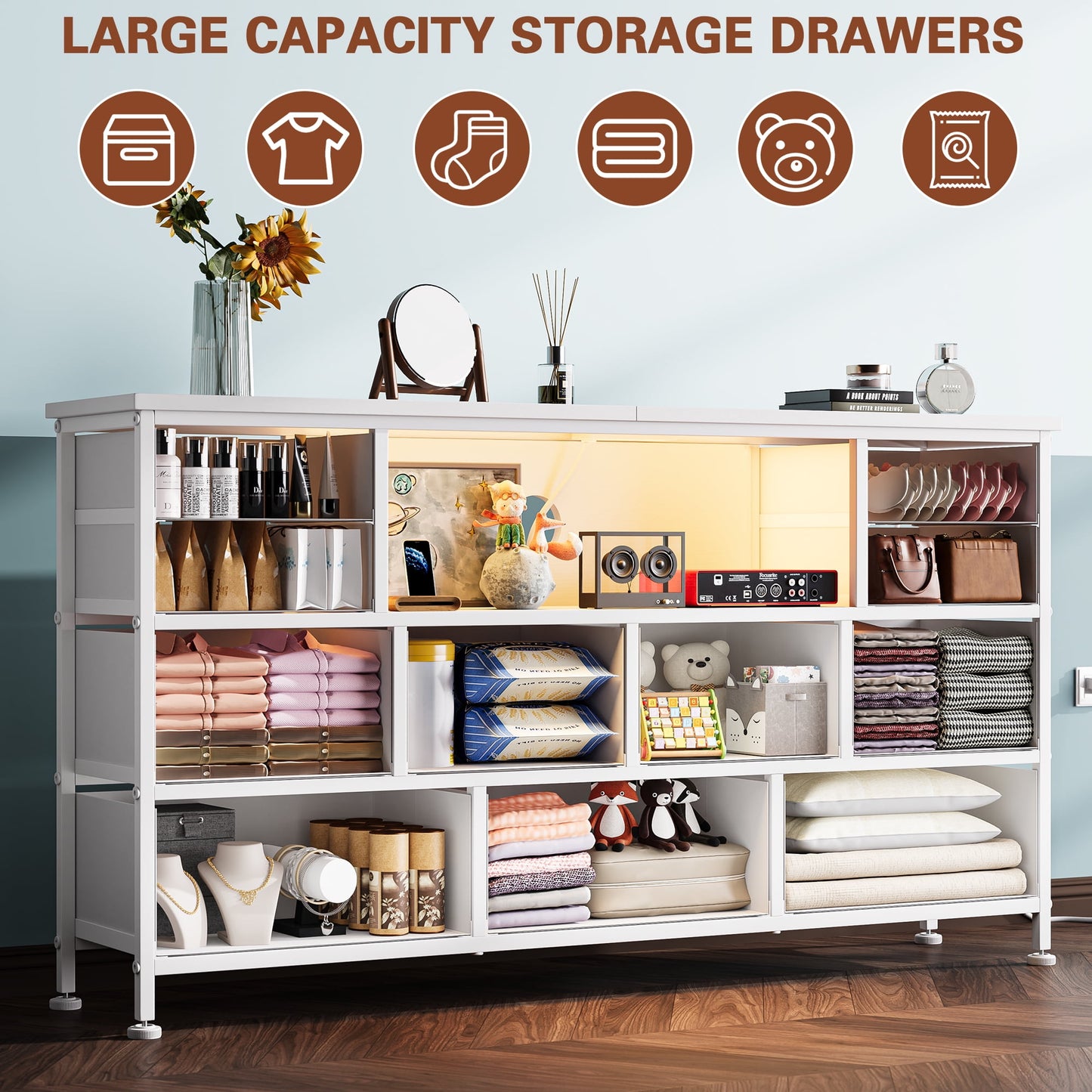 Laintene TV Stand 60 inch, Dresser for Bedroom with LED Lights Power Outlets, 11 Drawer Dresser TV Stands for Living Room, Fabric Chest of Drawers, White