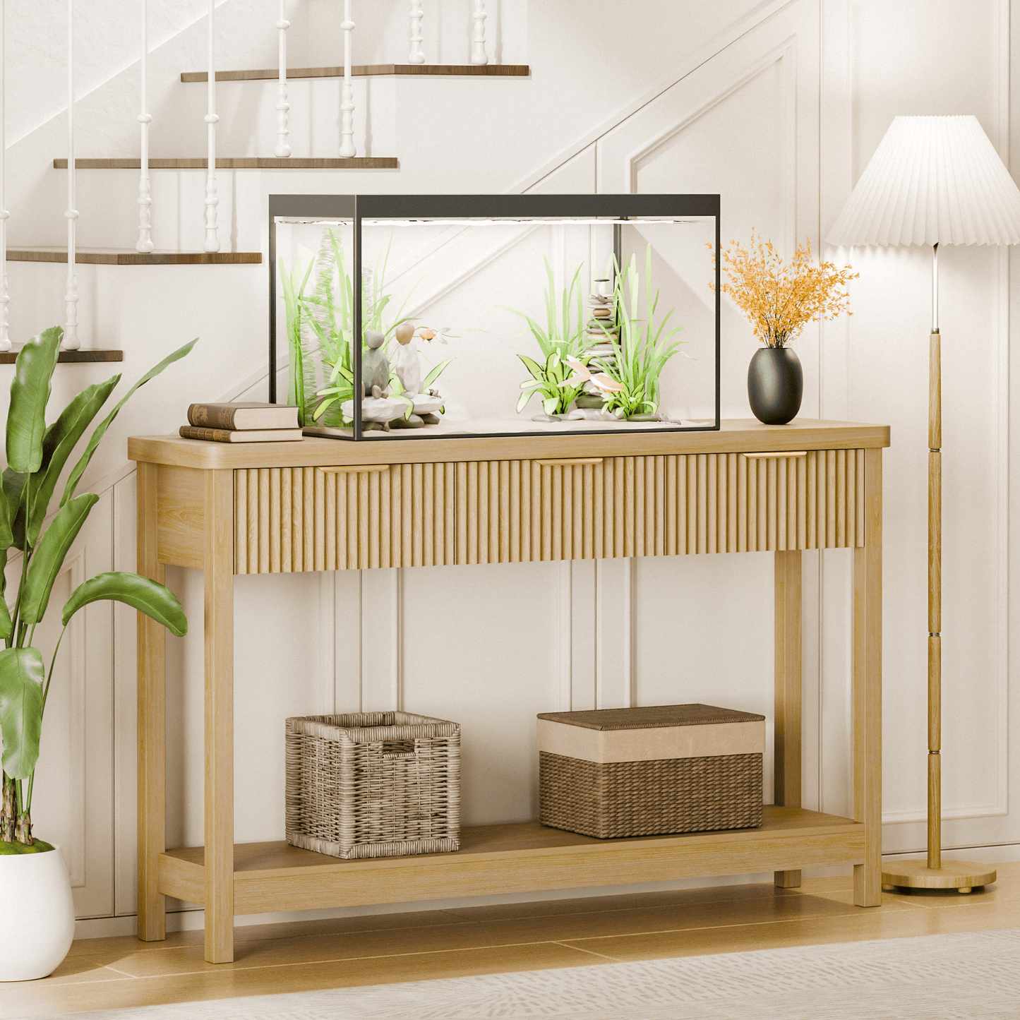 Laintene Fluted Console Table, 51" Narrow Entryway Table with 3 Drawers, Console Table Sofa Table with Storage Open Shelf, Modern Display Shelf for Hallway Living Room, Natural Oak