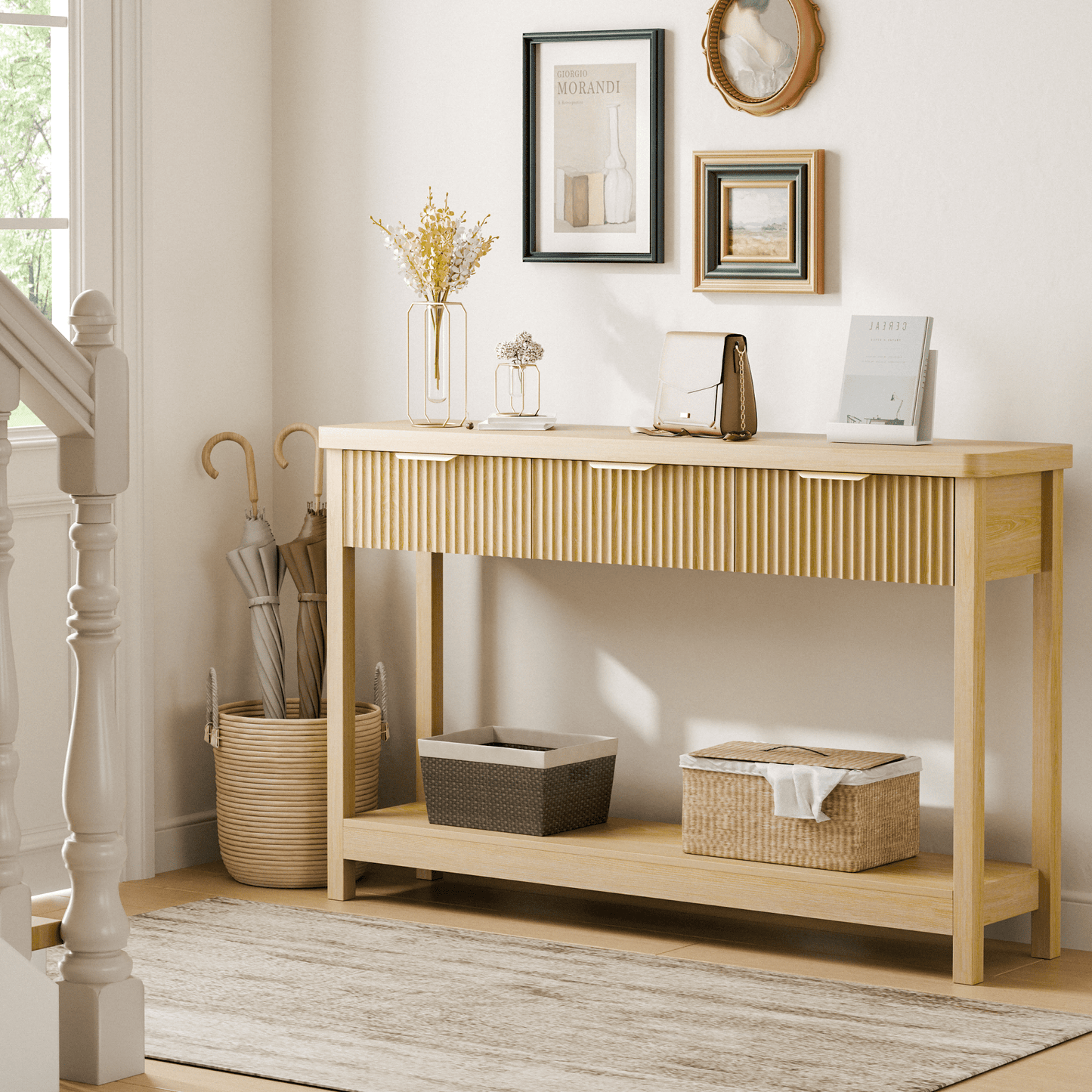 Laintene Fluted Console Table, 51" Narrow Entryway Table with 3 Drawers, Console Table Sofa Table with Storage Open Shelf, Modern Display Shelf for Hallway Living Room, Natural Oak
