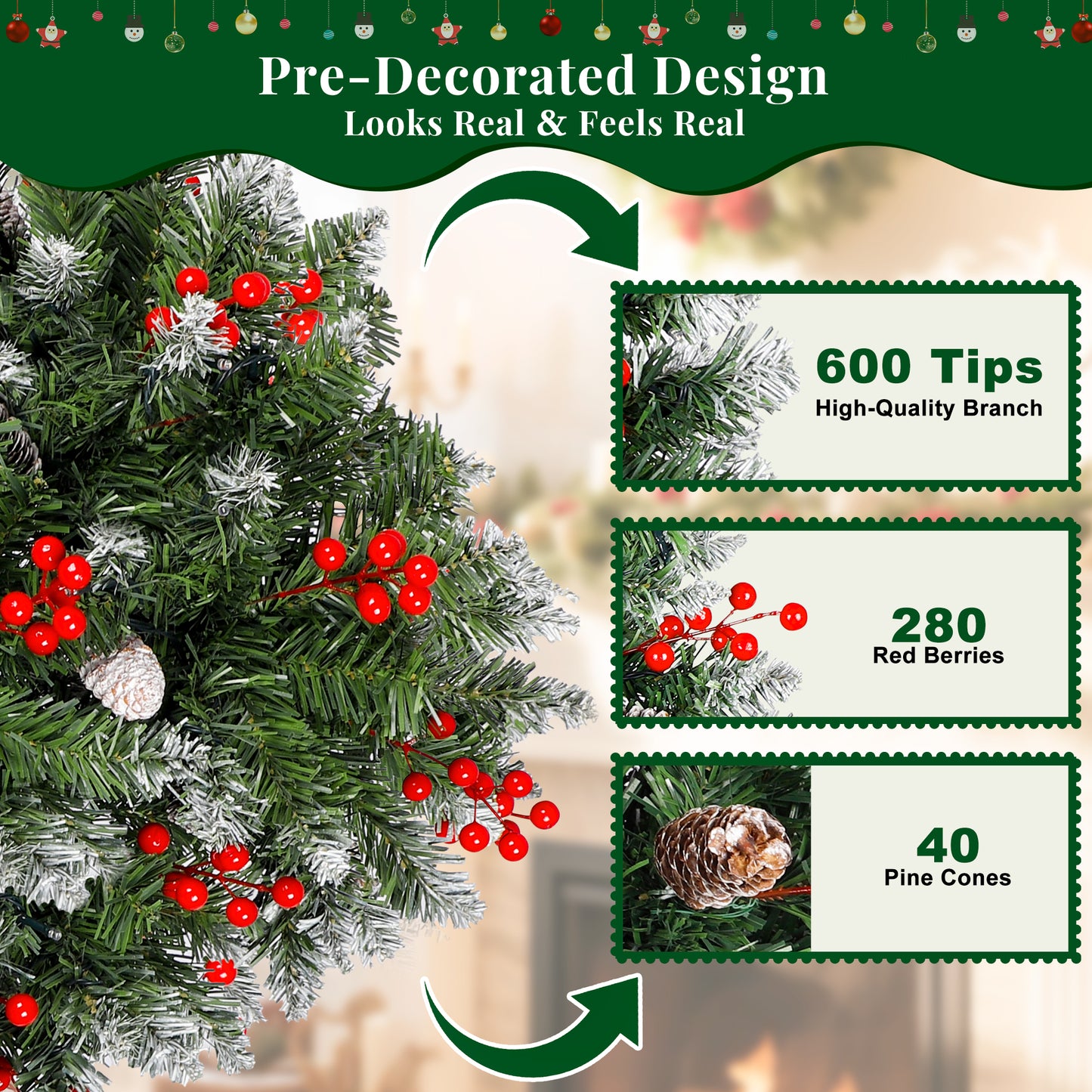 Laintene 6FT Pre-Lit Slim Pencil Christmas Tree | 200 Warm White LED Lights, 600 Tips, 40 Pine Cones & 280 Red Berries, Hinged Design for Small Spaces