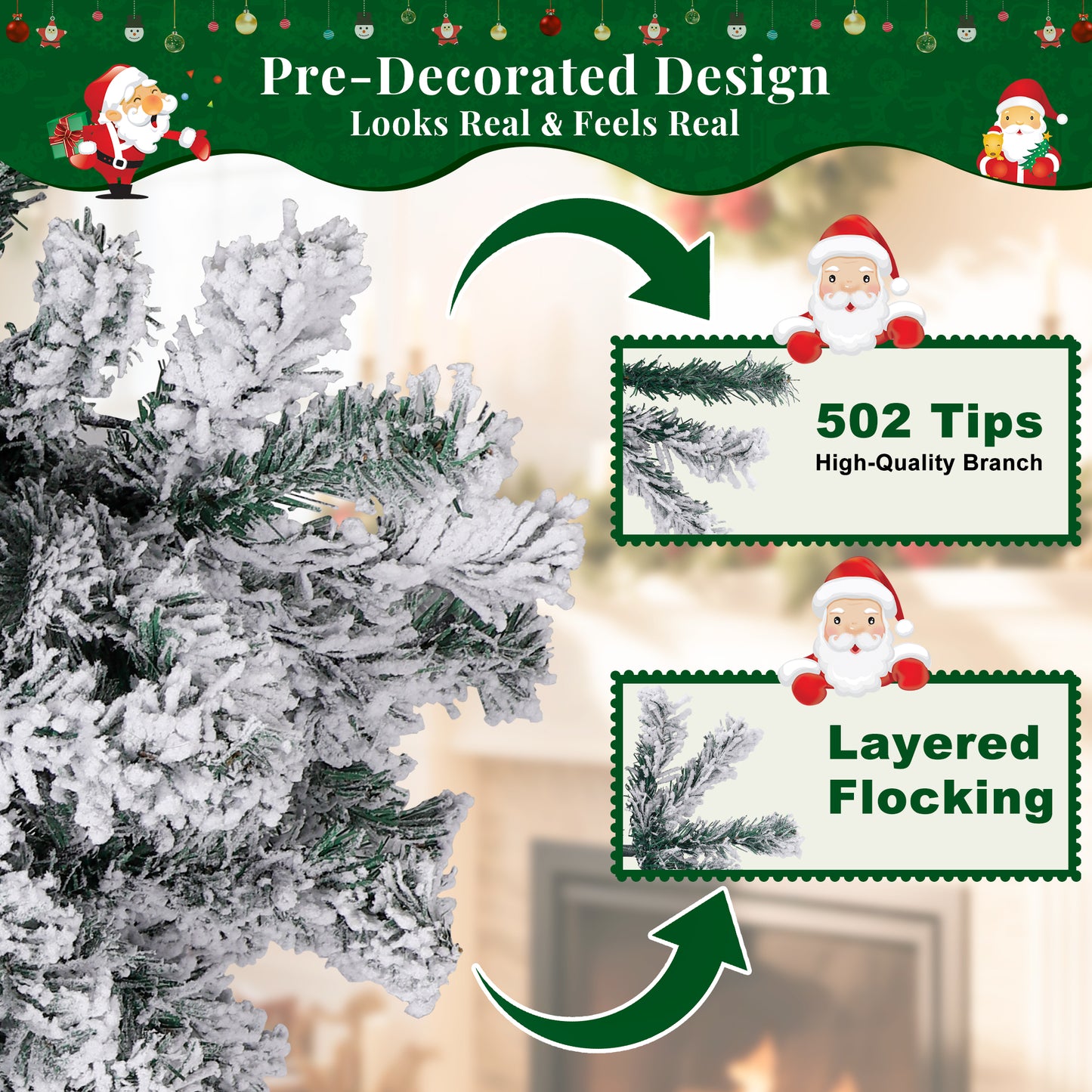 Laintene 6FT Pre-Lit Flocked Pencil Christmas Tree with 600 Tips & 200 Colored Lights, Slim Artificial Xmas Tree for Small Spaces, Metal Stand, White