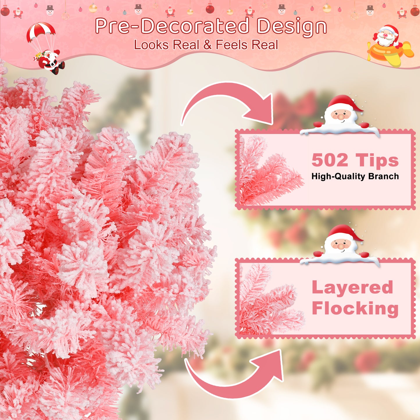 Laintene 6FT Pre-Lit Flocked Pencil Christmas Tree with 600 Tips & 200 Warm White LED Lights, Slim Artificial Xmas Tree for Small Spaces, Metal Stand, Pink