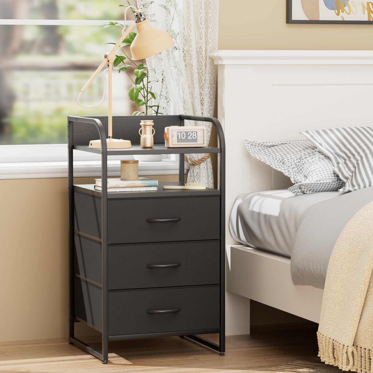 Laintene Night Stand, Bedside Table Bedroom Dresser, 3 Fabric Drawer Storage Organize, End Side Tables Living Room, Black