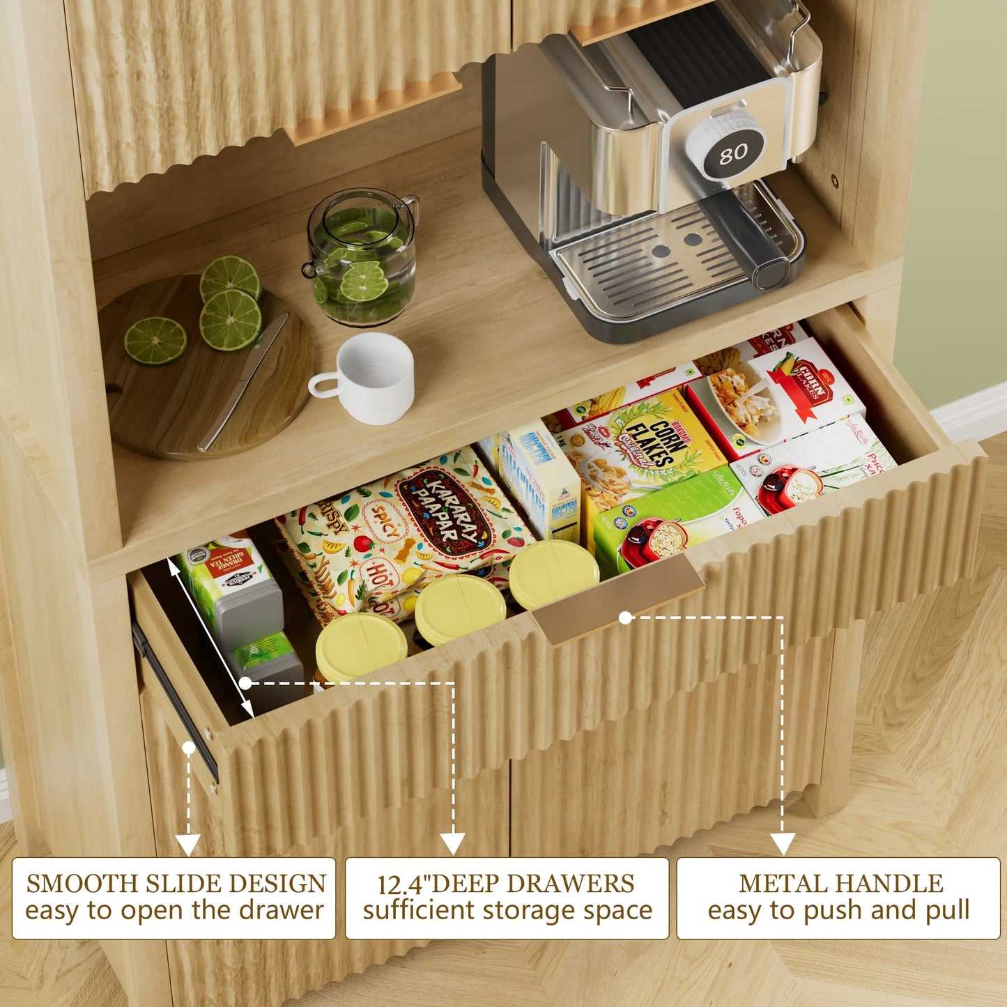Laintene Pantry Cabinet with Charging Station & Drawer, Fluted Storage Cabinet with Adjustable Shelves and Open Countertop for Dining Living Room, Natural Oak