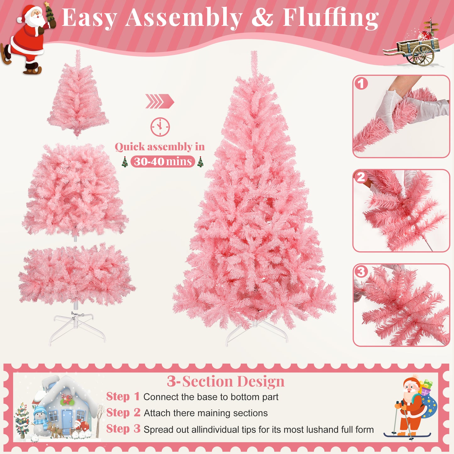 Laintene 6FT Artificial Christmas Tree with 800 Tips, Realistic Fir Xmas Tree for Indoor/Outdoor Decor, Sturdy Metal Stand, Pink