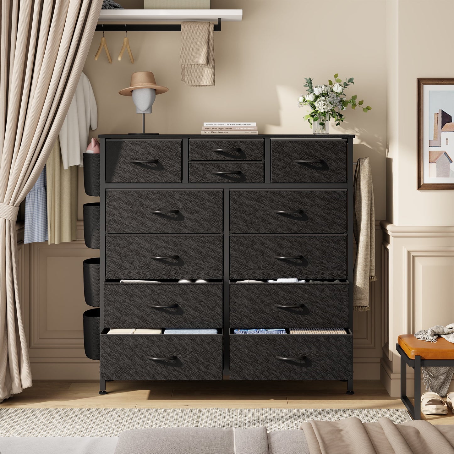 Dresser with 12 Fabric Drawer Stand Desktop Storage Cabinet for Bedroom Organization, Dorm, Front Hall Entryway, Black PU