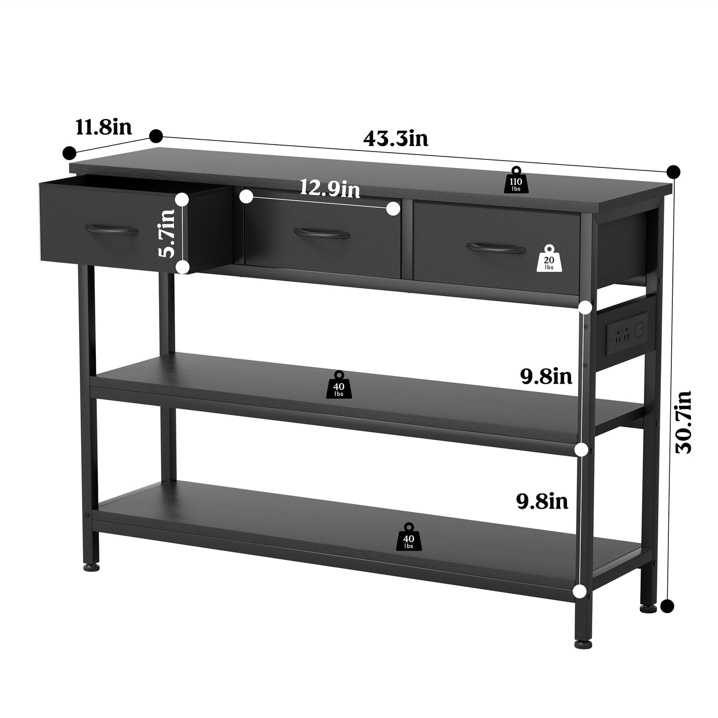 Valu4me 43.3" Console Table with Power Outlets & USB Ports, Narrow Sofa Table with 3 Fabric Drawers for Hallway, Foyer, Living Room, Black