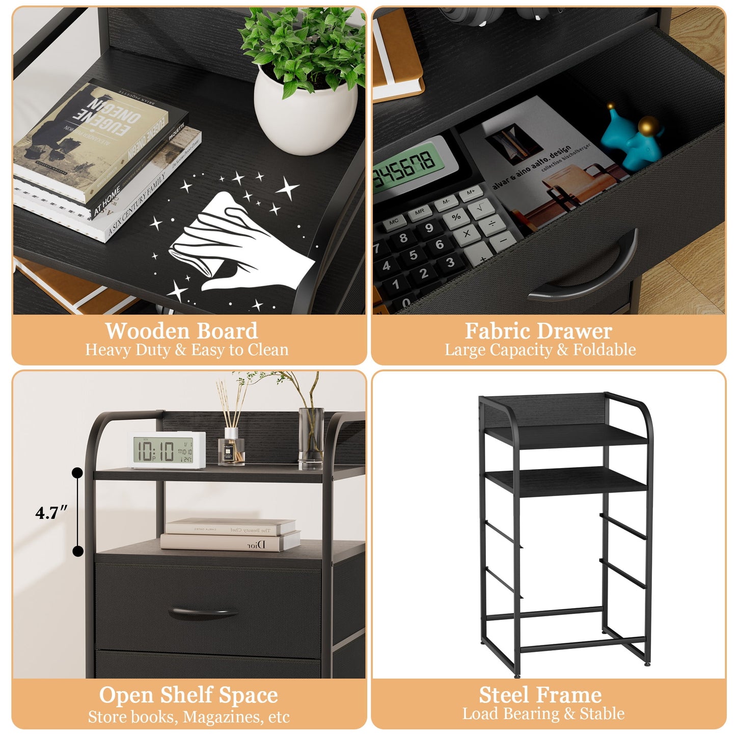 Laintene Nightstand Set of 2, 3-Drawer Fabric Dresser, End Side Tables Living Room, Storage Organizer for Bedroom Closet Furniture, Black