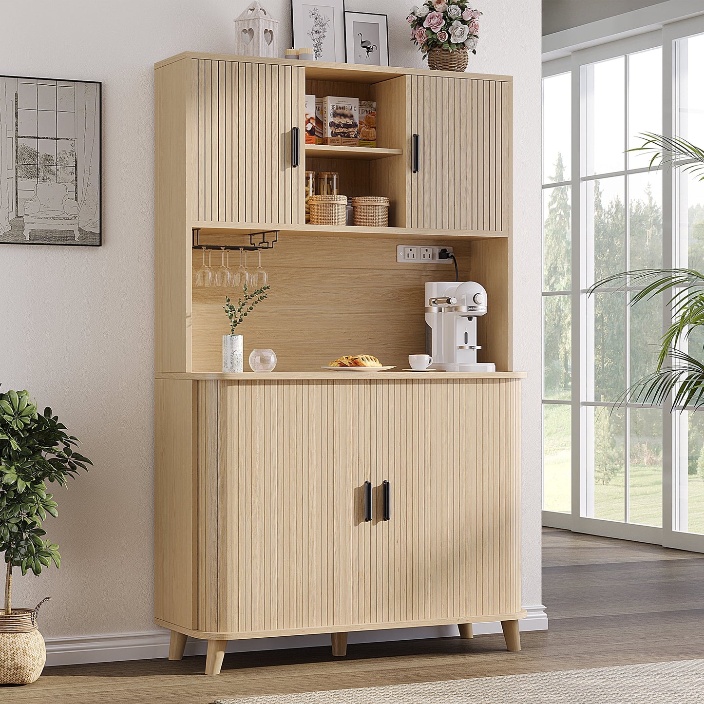 Laintene Kitchen Pantry Cabinet with Wine Rack, Storage Cabinet with Tambour Sliding Doors, Bar Cabinet with Glass Holder, Pantry Storage for Living Room, Kitchen, Entryway, Natural Oak