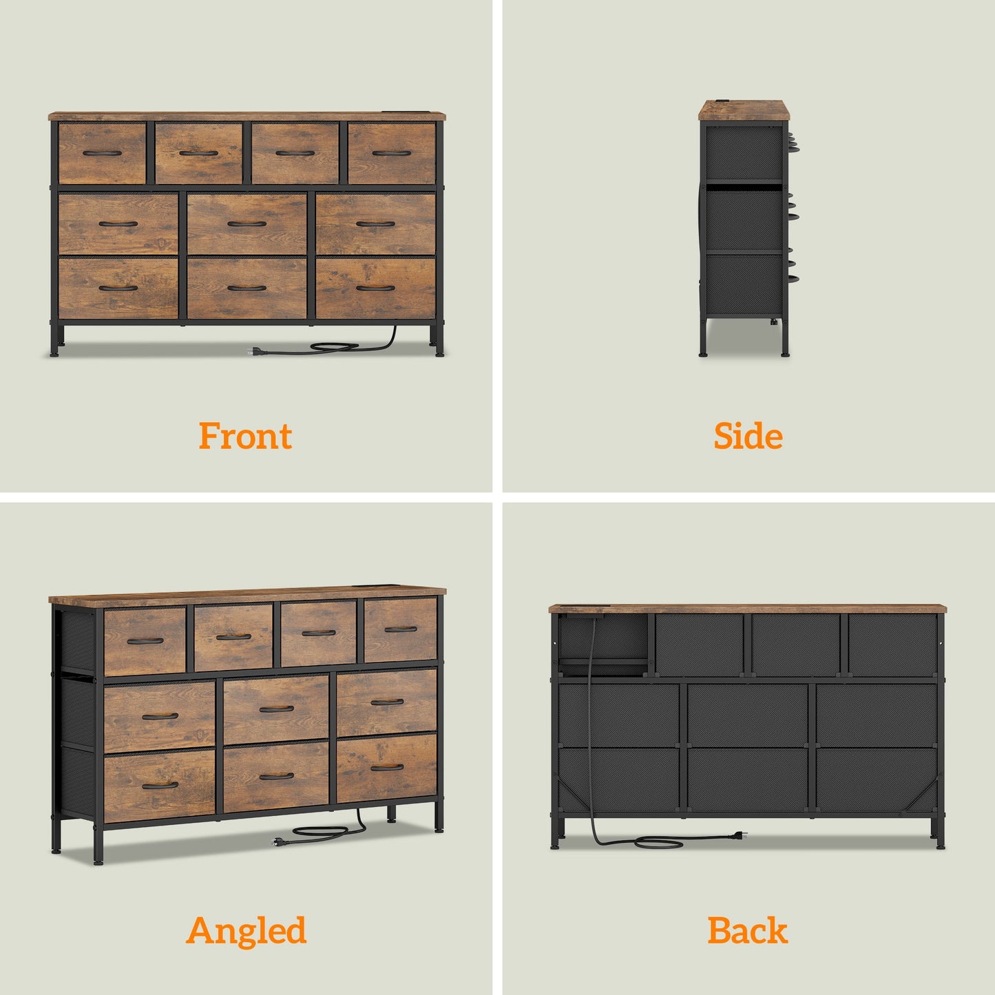 Laintene Dresser for Bedroom, TV Stand for 55" Long TV with Power Outlet, 10 Drawer Dresser for Closet, Fabric Chest of Drawers Entertainment Center for Living Room, Hallway, Entryway, Brown