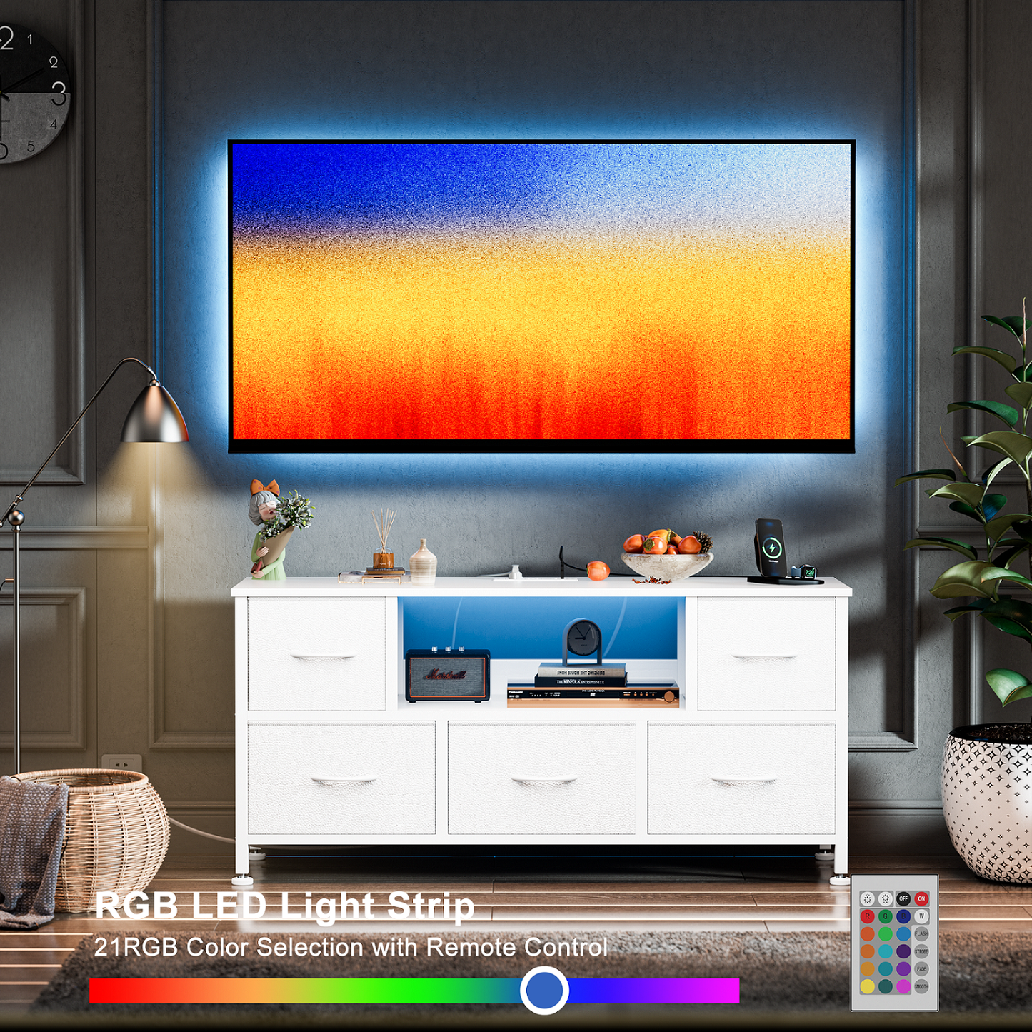 TV Stand Dresser with Power Outlets and LED Lights, 5 Drawer Console for 50 Inch TV, Dresser for Bedroom, Closet, Hallway