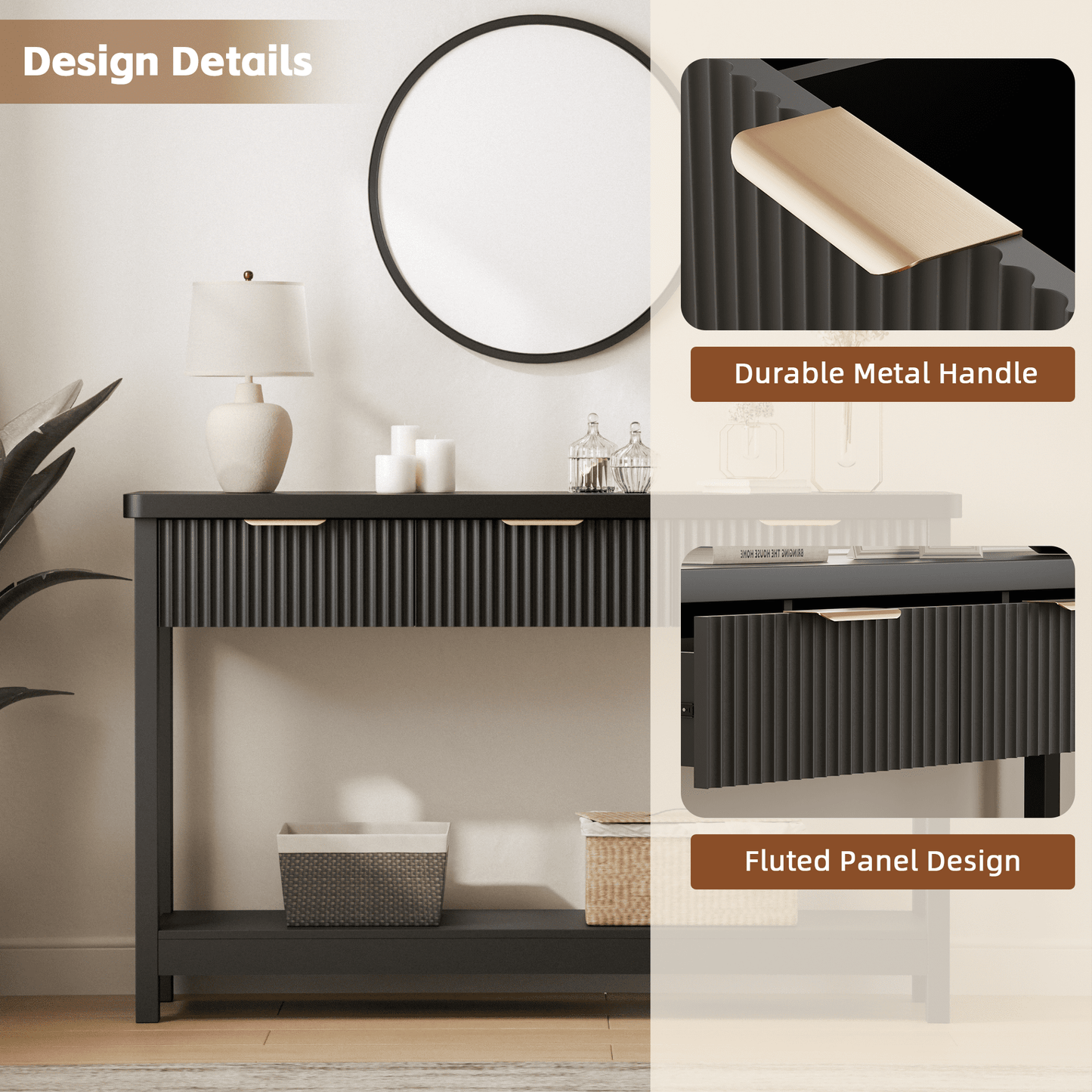 Laintene Fluted Console Table, 51" Narrow Entryway Table with 3 Drawers, Console Table Sofa Table with Storage Open Shelf, Modern Display Shelf for Hallway Living Room, Black