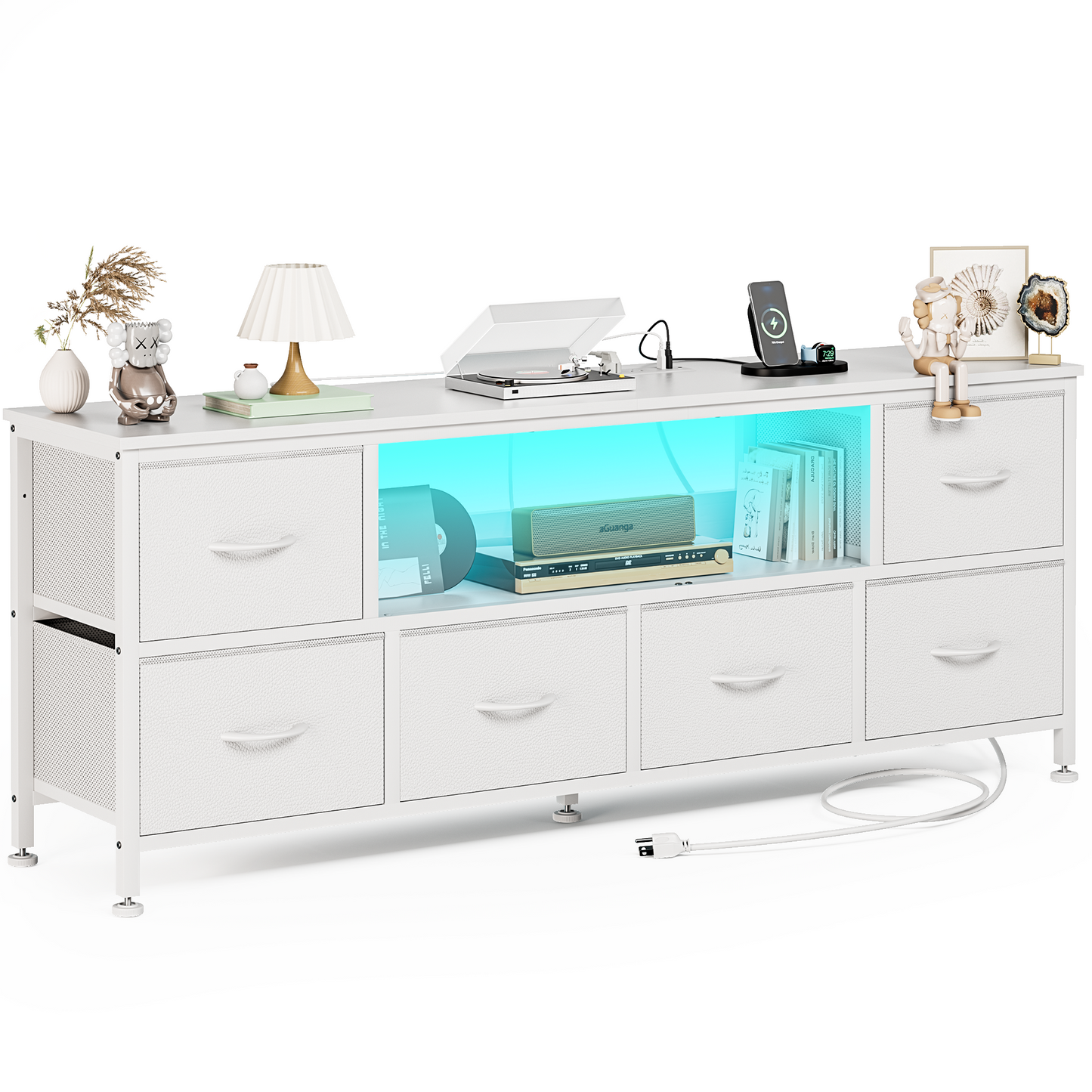 TV Stand Dresser with Power Outlets and LED Lights, 6 Drawer Console for 60 Inch TV, Dresser for Bedroom, Closet, Hallway