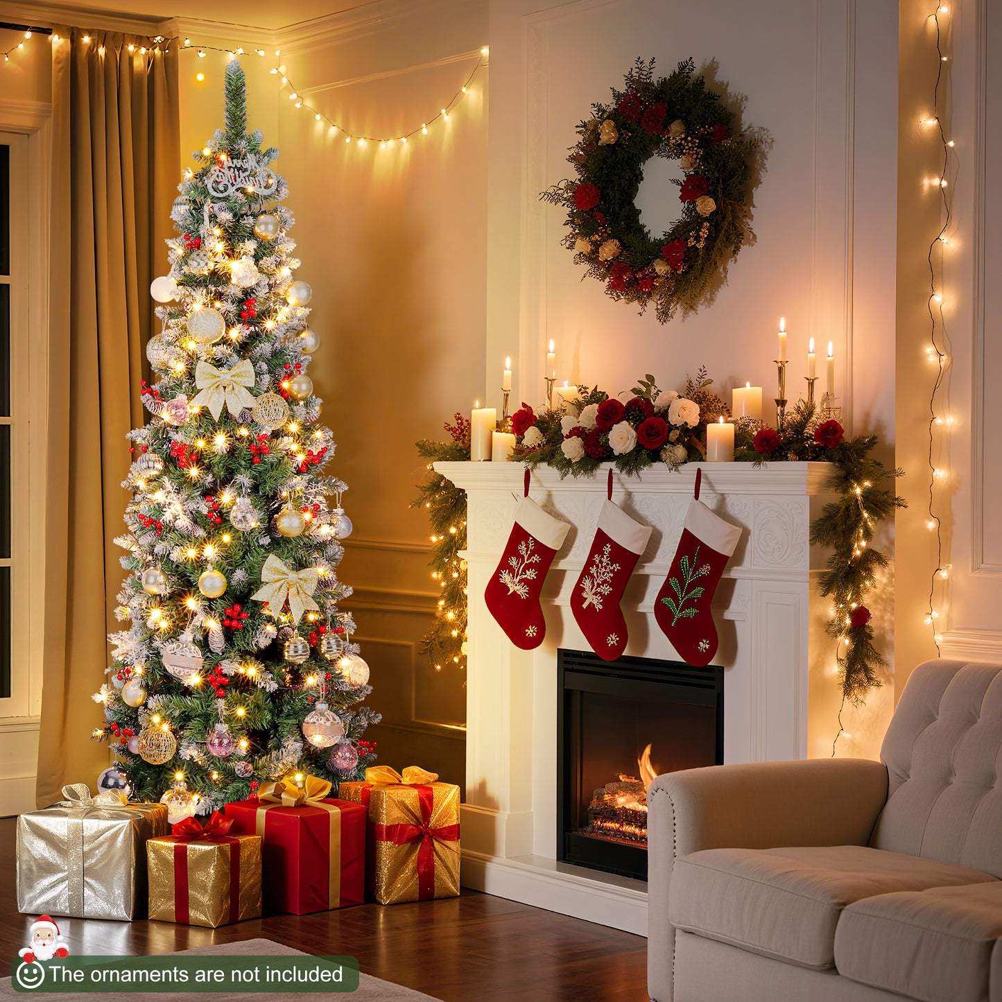 Laintene 6FT Pre-Lit Slim Pencil Christmas Tree | 200 Warm White LED Lights, 600 Tips, 40 Pine Cones & 280 Red Berries, Hinged Design for Small Spaces