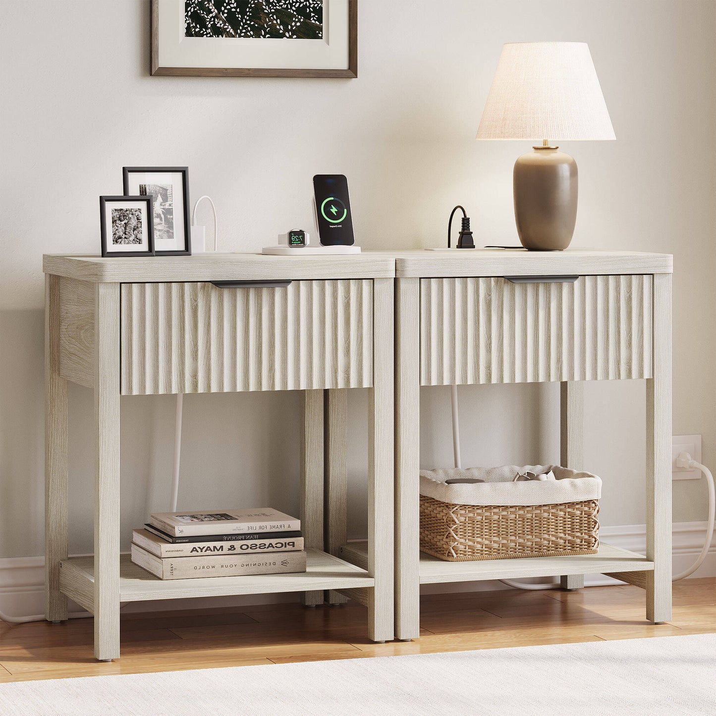 Laintene Fluted Nightstand Set of 2 - Modern Bedside Table with Drawer & Open Shelf, 2 AC Outlets + USB &Type-C for Bedroom & Living Room, White Oak