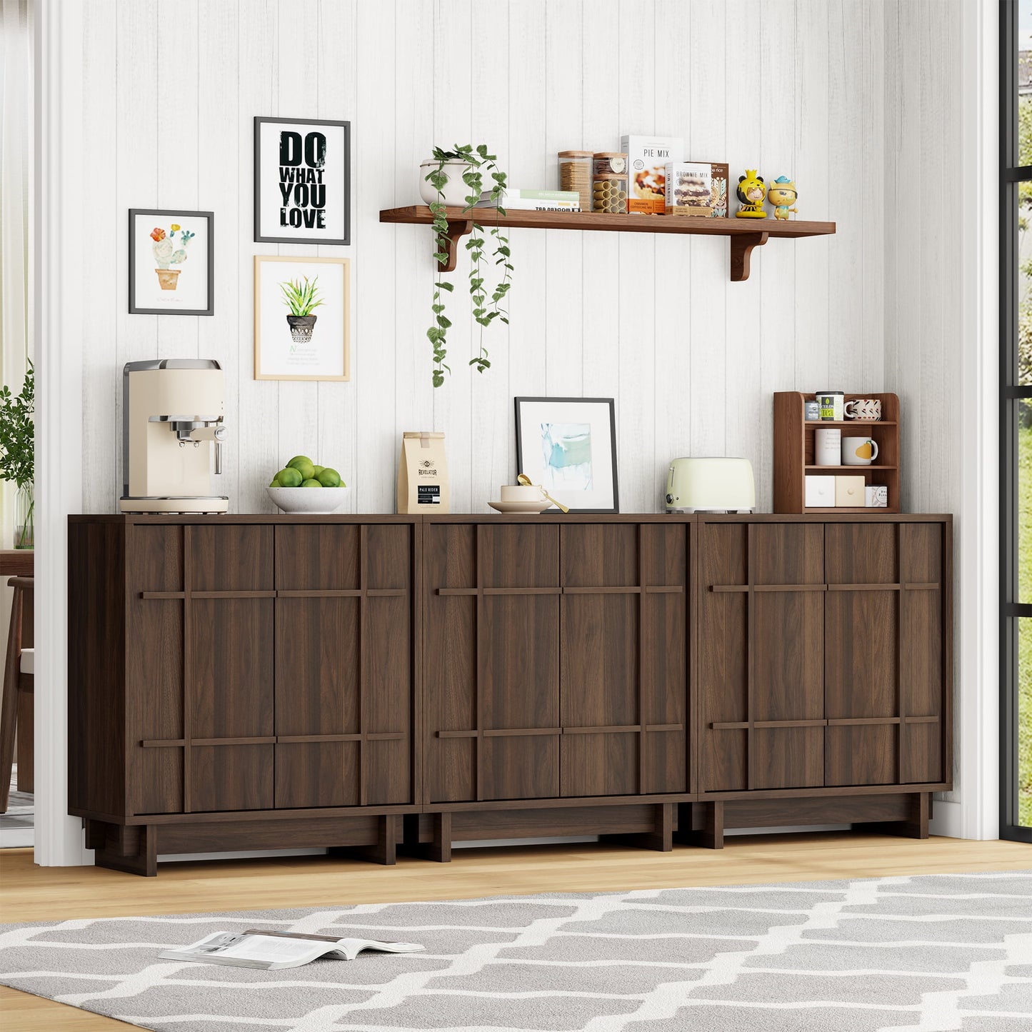 Laintene Buffet Cabinet with Skeletal Lines Doors, Sideboard Storage Cabinet with Adjustable Shelves for Kitchen, Mid-Century Accent Cabinet TV Stands for Living Room, Walnut Set of 3