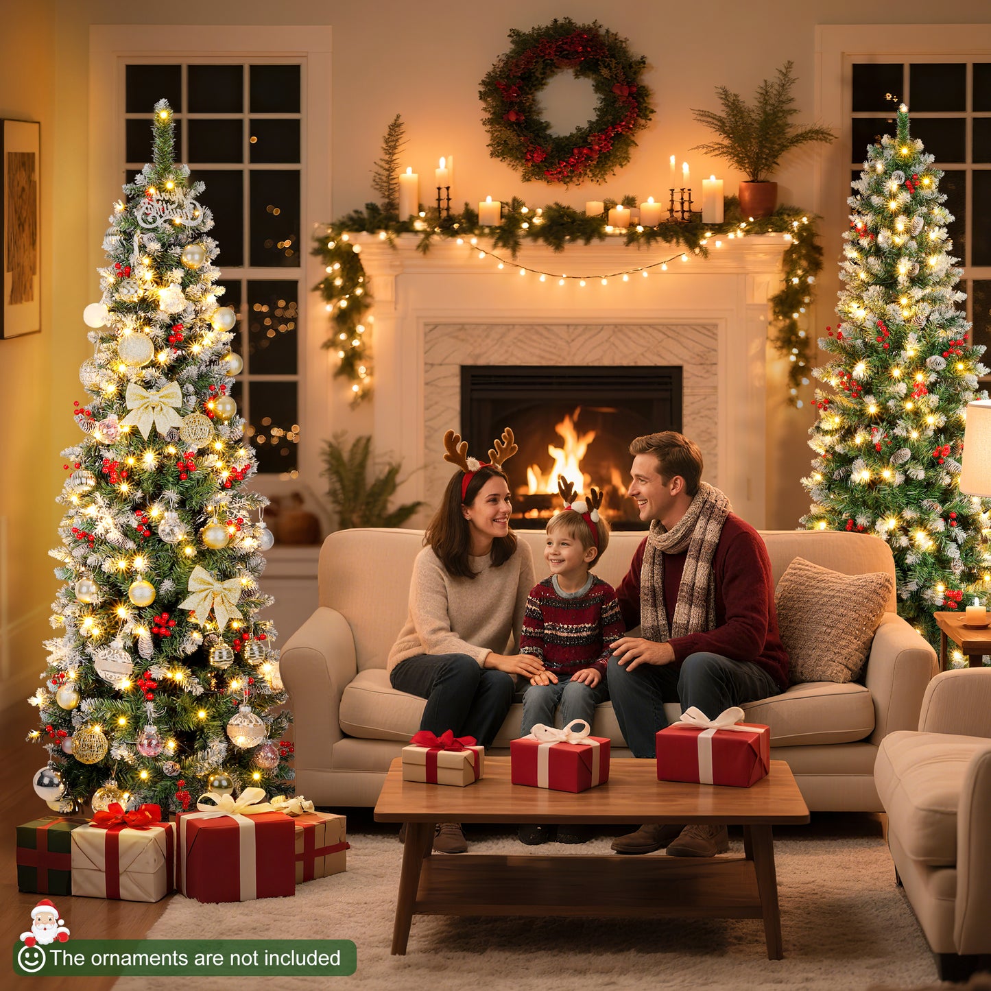 Laintene 6FT Pre-Lit Slim Pencil Christmas Tree | 200 Warm White LED Lights, 600 Tips, 40 Pine Cones & 280 Red Berries, Hinged Design for Small Spaces
