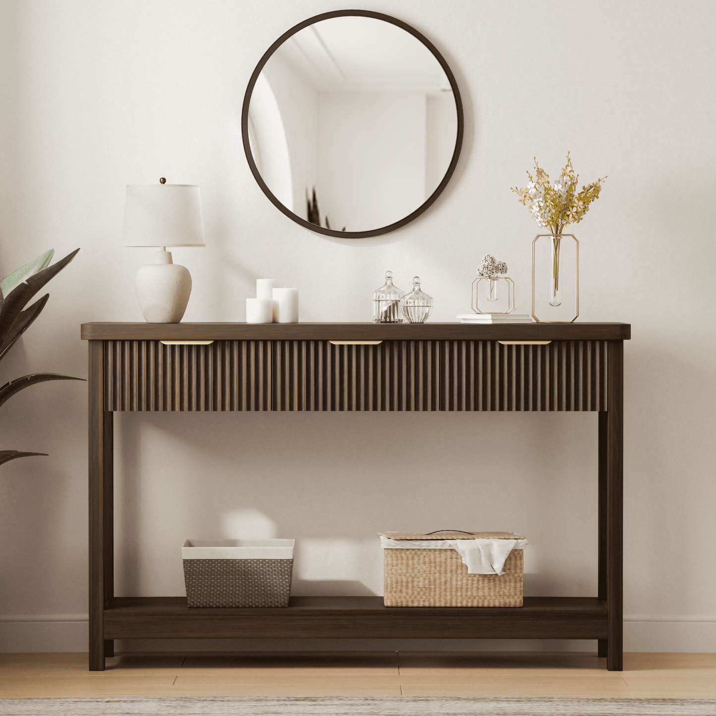 Laintene Fluted Console Table, 51" Narrow Entryway Table with 3 Drawers, Console Table Sofa Table with Storage Open Shelf, Modern Display Shelf for Hallway Living Room, Walnut