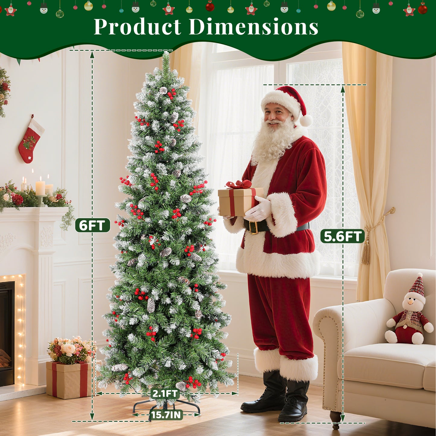 Laintene 6FT Pre-Lit Slim Pencil Christmas Tree | 200 Warm White LED Lights, 600 Tips, 40 Pine Cones & 280 Red Berries, Hinged Design for Small Spaces