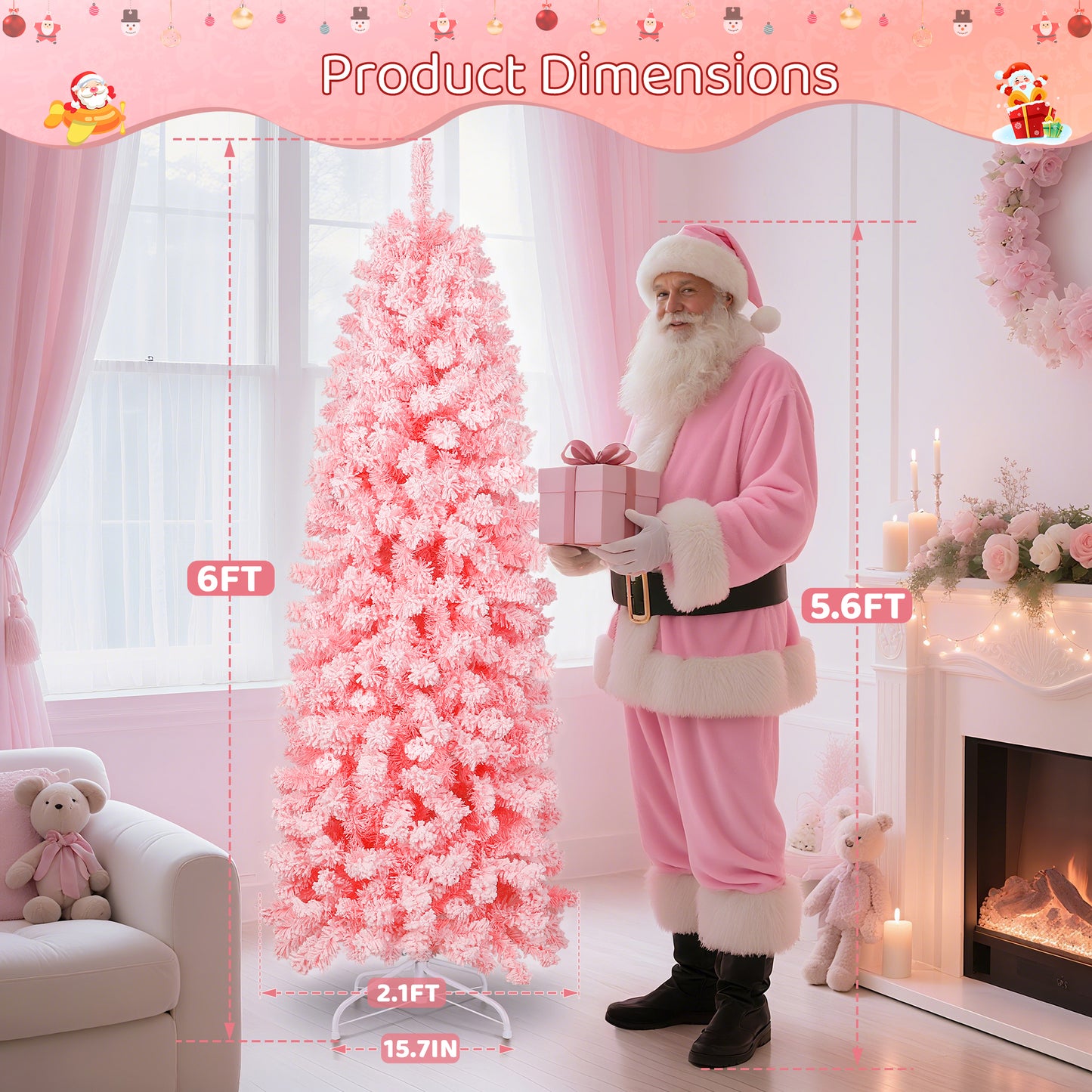 Laintene 6FT Pre-Lit Flocked Pencil Christmas Tree with 600 Tips & 200 Warm White LED Lights, Slim Artificial Xmas Tree for Small Spaces, Metal Stand, Pink