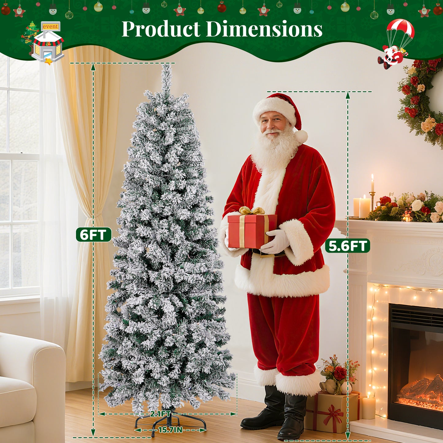 Laintene 6FT Pre-Lit Flocked Pencil Christmas Tree with 600 Tips & 200 Colored Lights, Slim Artificial Xmas Tree for Small Spaces, Metal Stand, White