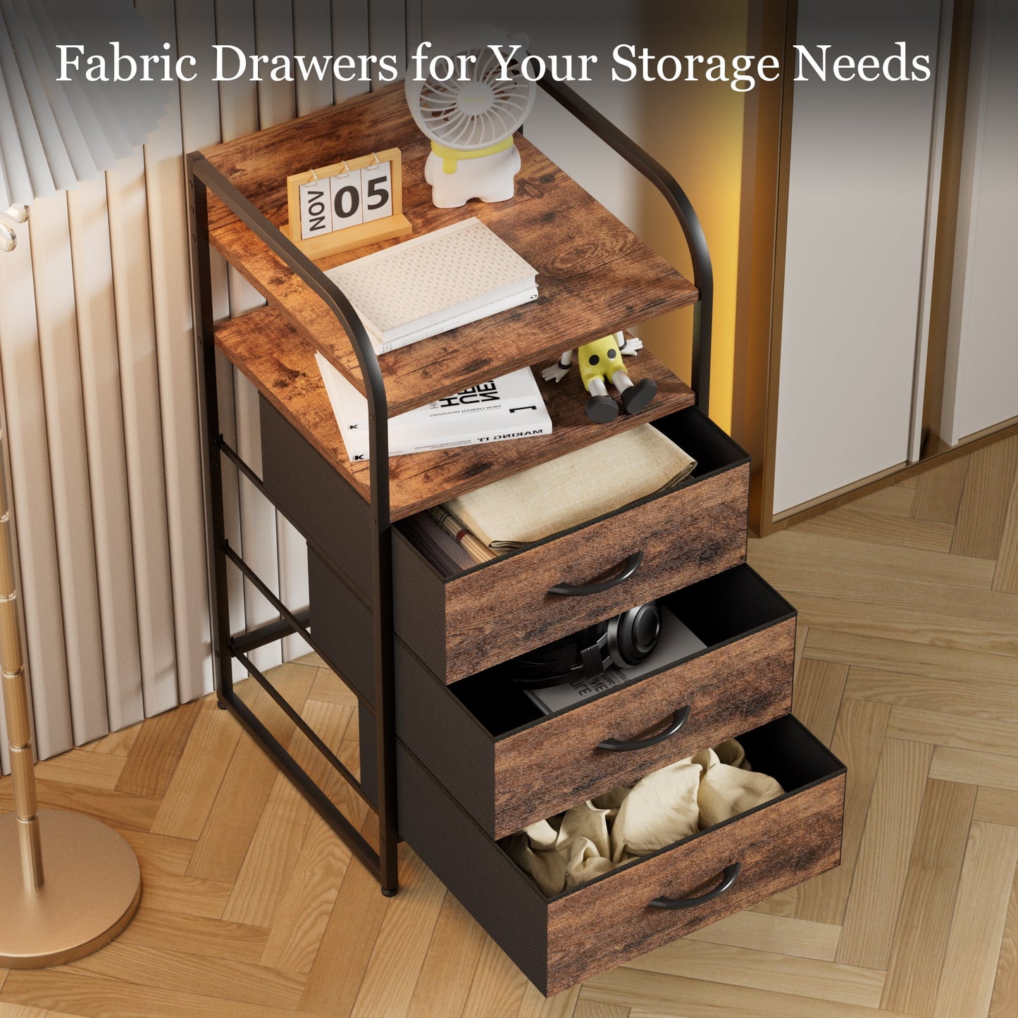 Laintene Nightstand 3 Fabric Drawer, Bedside Table Bedroom Dresser, End Side Tables Living Room, Brown