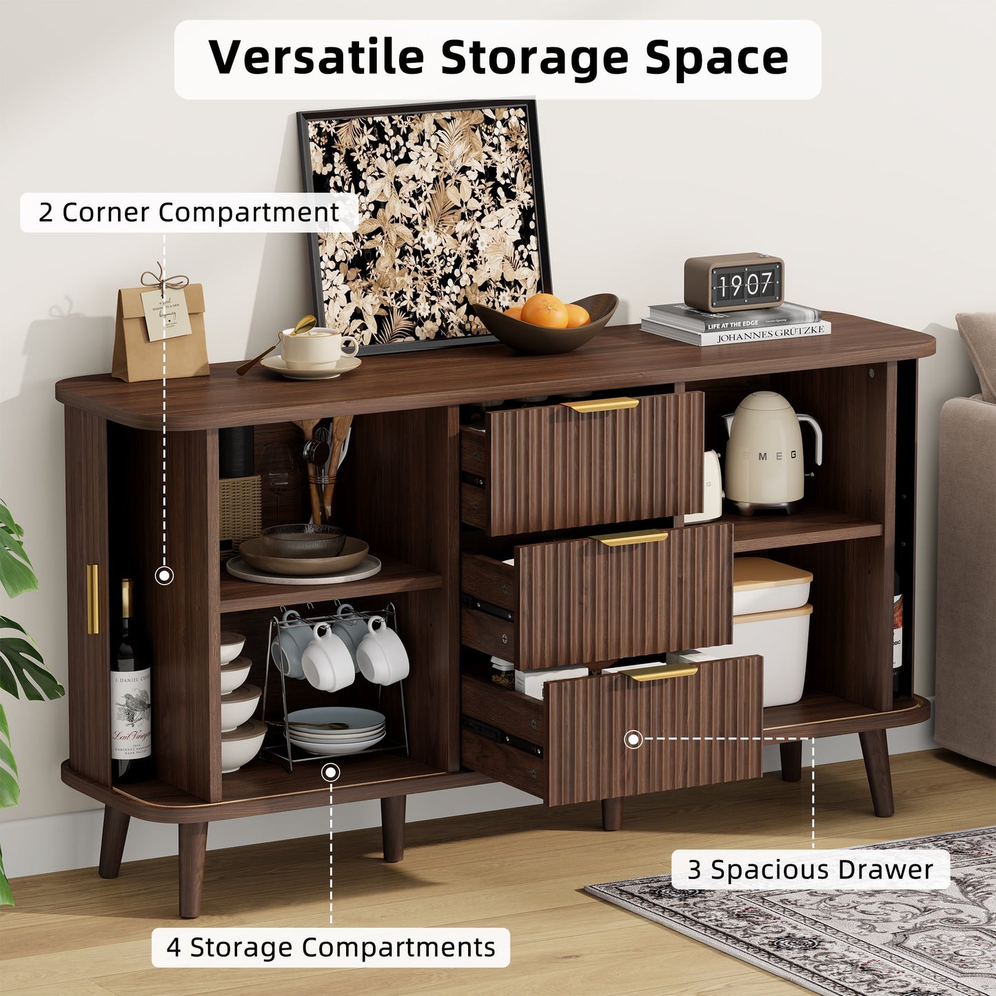Laintene Sideboard with 3 Drawer, 55" Buffet Cabinet with 2 Sliding Tambour Doors, Modern Fluted Storage Cabinet for Kitchen, Living Room, Hallway, Walnut
