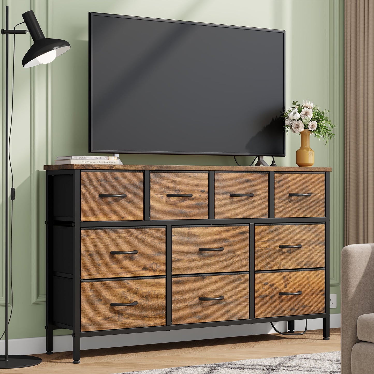 Laintene Dresser for Bedroom, TV Stand for 55" Long TV with Power Outlet, 10 Drawer Dresser for Closet, Fabric Chest of Drawers Entertainment Center for Living Room, Hallway, Entryway, Brown