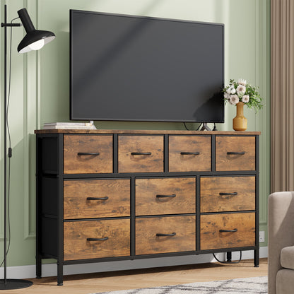 Laintene Dresser for Bedroom, TV Stand for 55" Long TV with Power Outlet, 10 Drawer Dresser for Closet, Fabric Chest of Drawers Entertainment Center for Living Room, Hallway, Entryway, Brown