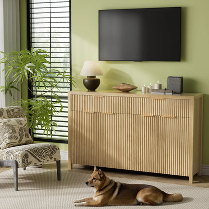 Laintene 55"L Sideboard Buffet Cabinet with Storage, Fluted Accent Storage Cabinet with Doors & Adjustable Shelves for Living Room Dining Room and Kitchen, Natural Oak