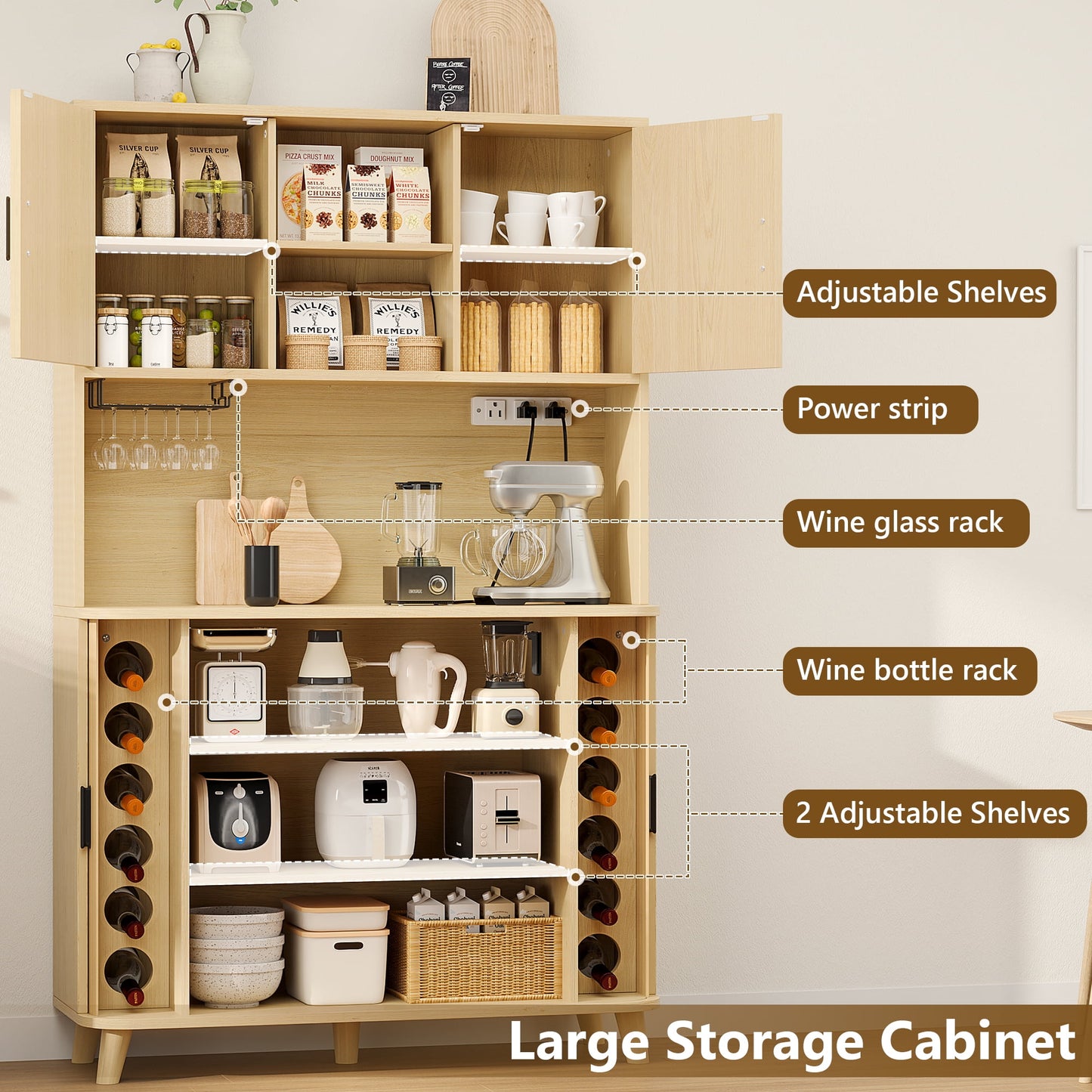 Laintene Kitchen Pantry Cabinet with Wine Rack, Storage Cabinet with Tambour Sliding Doors, Bar Cabinet with Glass Holder, Pantry Storage for Living Room, Kitchen, Entryway, Natural Oak