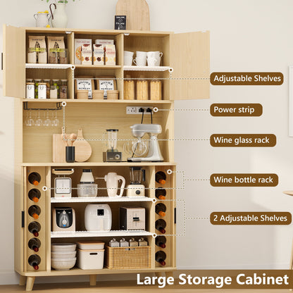 Laintene Kitchen Pantry Cabinet with Wine Rack, Storage Cabinet with Tambour Sliding Doors, Bar Cabinet with Glass Holder, Pantry Storage for Living Room, Kitchen, Entryway, Natural Oak