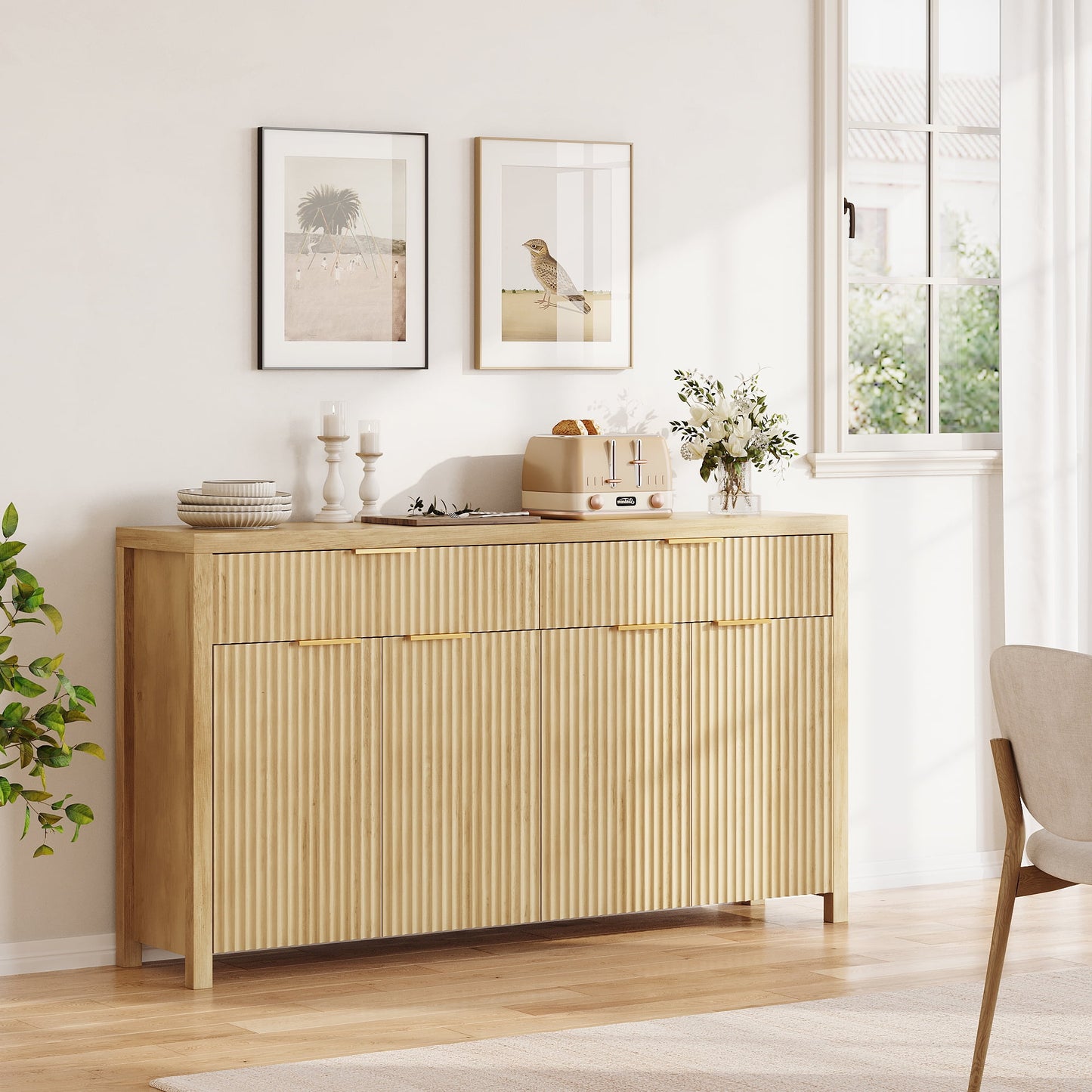 Buffet Cabinet with 2 Drawers, 55" Storage Cabinet with Fluted Panel Doors, Adjustable Shelves for Kitchen, TV Stands for Living Room, Natural Oak