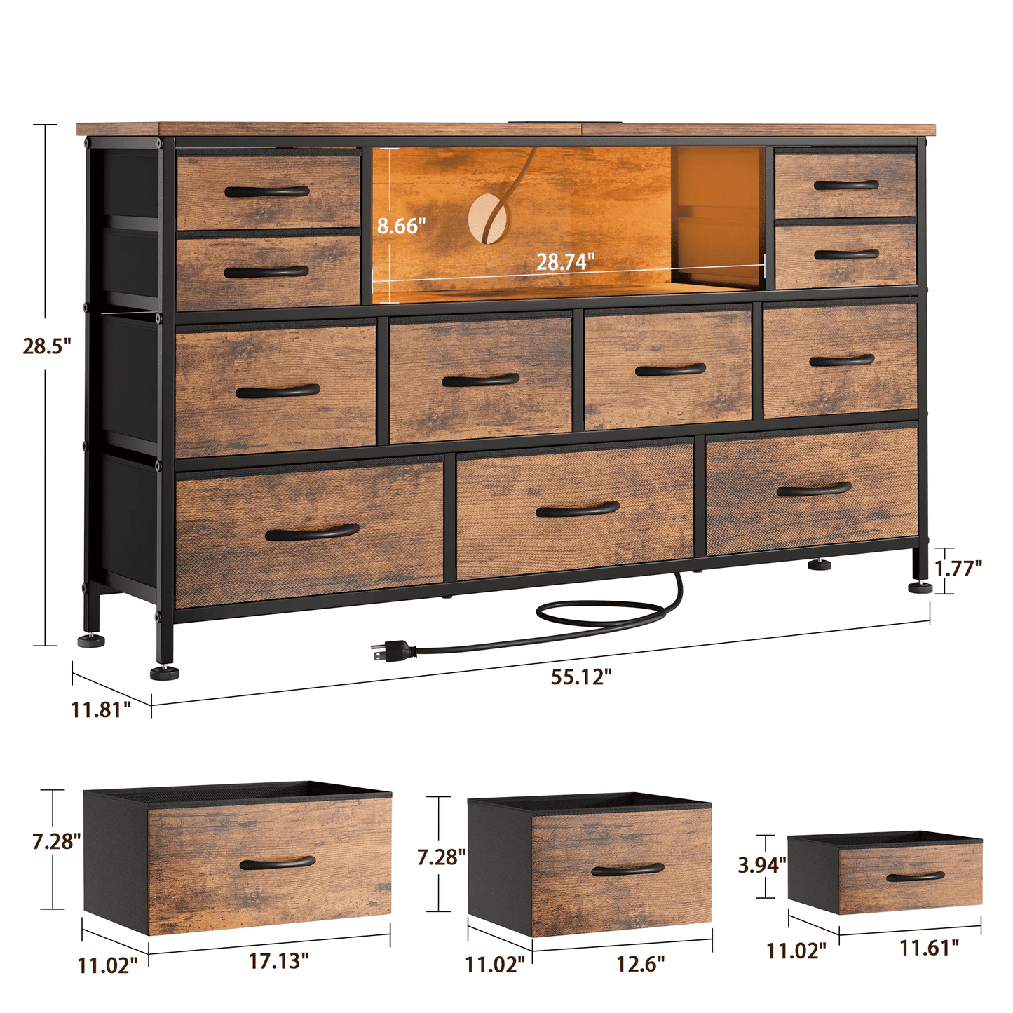 Laintene TV Stand 60 inch, Dresser for Bedroom with LED Lights Power Outlets, 11 Drawer Dresser TV Stands for Living Room, Fabric Chest of Drawers, Brown